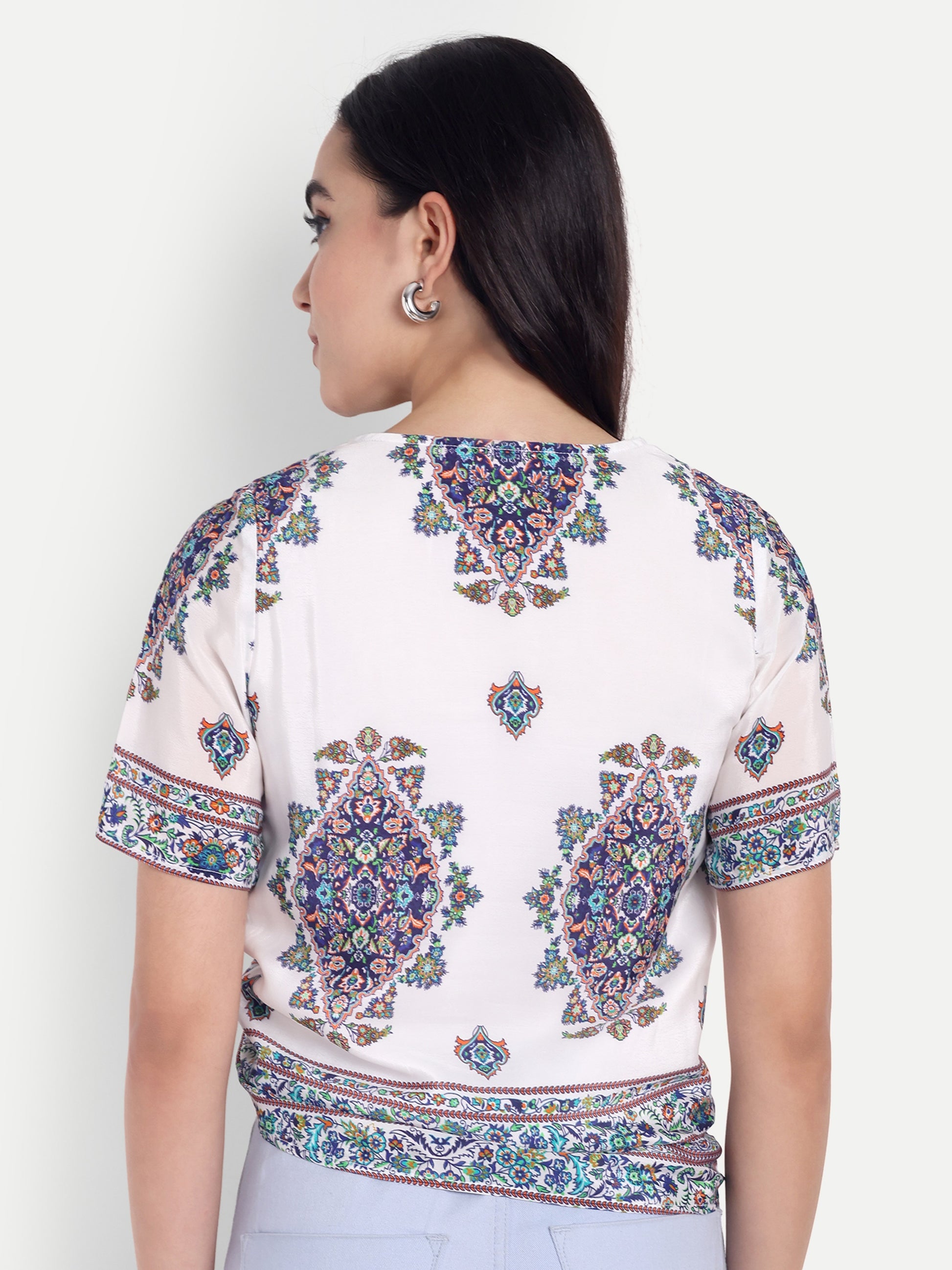 Boho Print White Ruched Top & Lavender Wide-Leg Pants Co-Ord Set