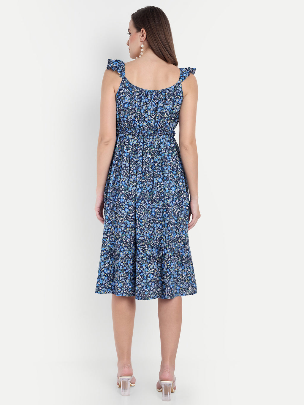 Women's Black Blue Floral Midi Dress | Sleeveless Ruffle Straps | Elegant Casual & Summer Wear