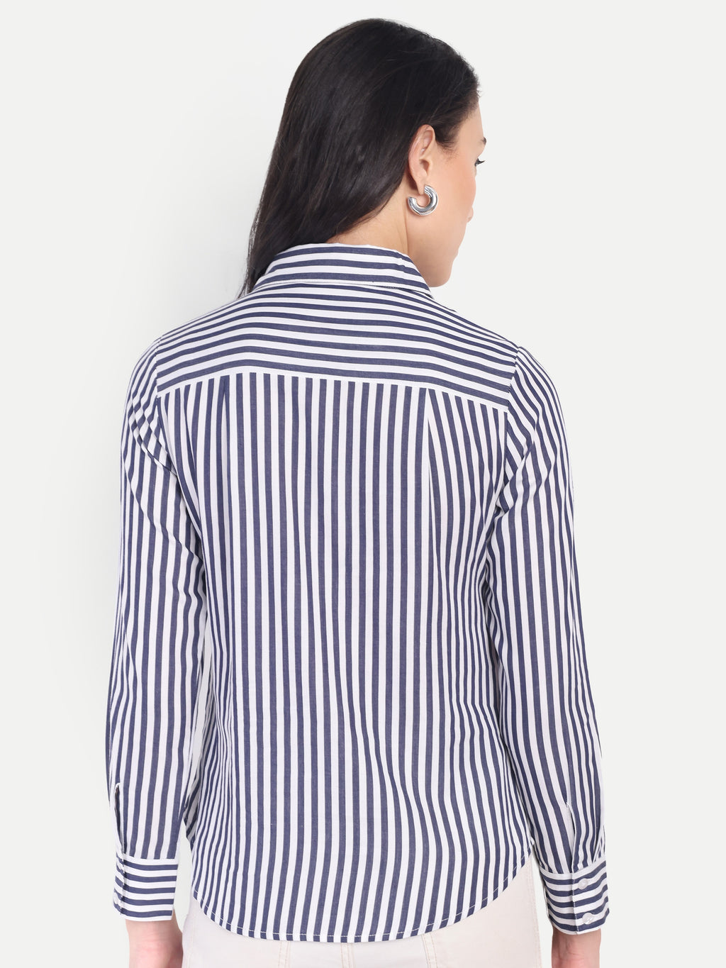 Women's Navy Blue & White Vertical Striped Shirt – Long Sleeve | Button-Down | Formal & Casual Wear