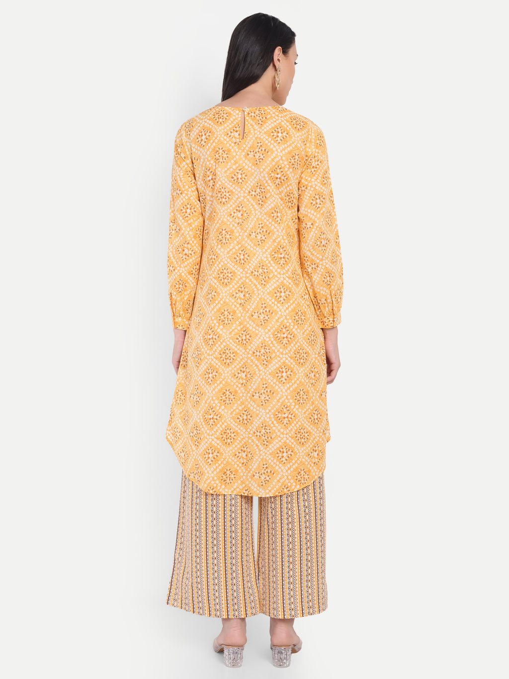 Women's Yellow Printed Ethnic Co-ord Set | Asymmetrical Long Kurta with Wide-Leg Pants
