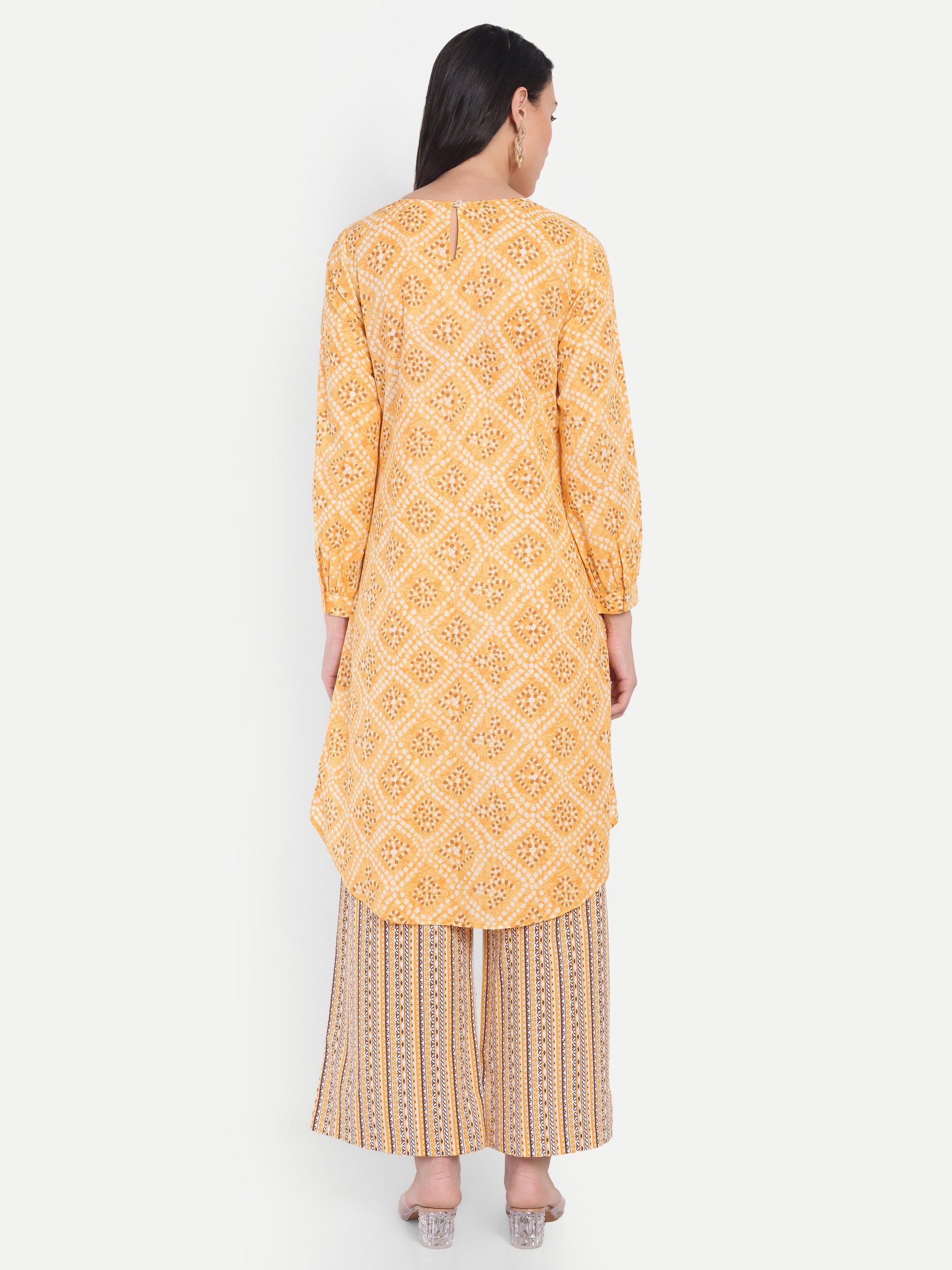 Women's Yellow Printed Ethnic Co-ord Set | Asymmetrical Long Kurta with Wide-Leg Pants