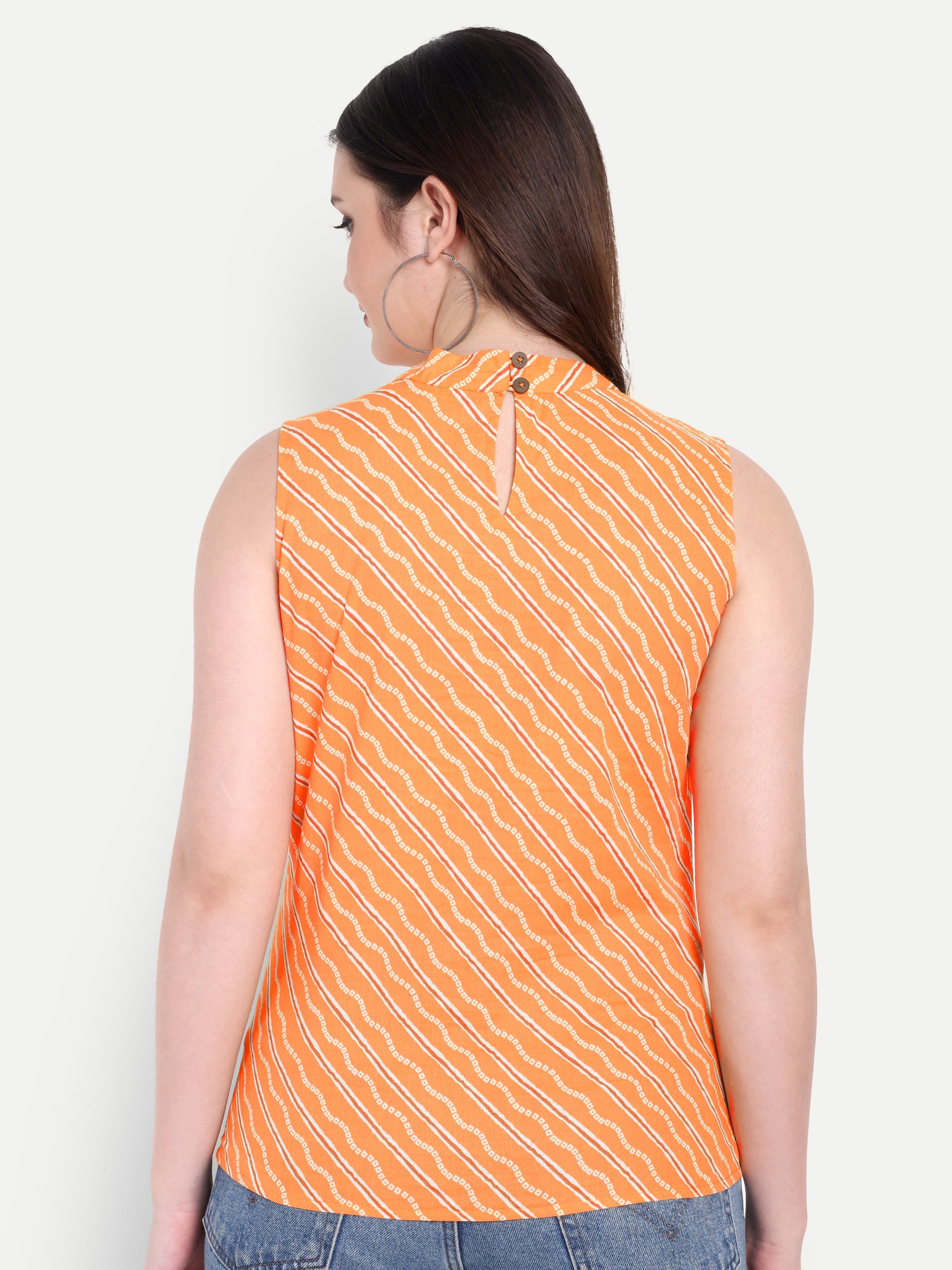 Women's Orange Floral Print Sleeveless Top | Round Neck | Lightweight Casual Summer Wear