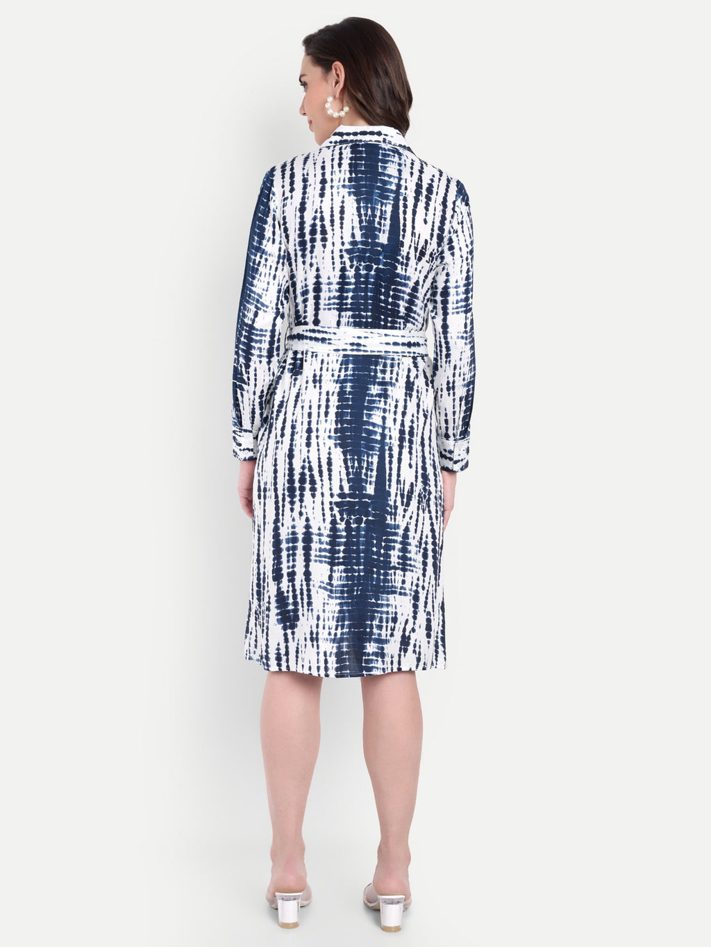 Women's Blue & White Printed Shirt Dress with Belt | Button-Down | Casual & Office Wear