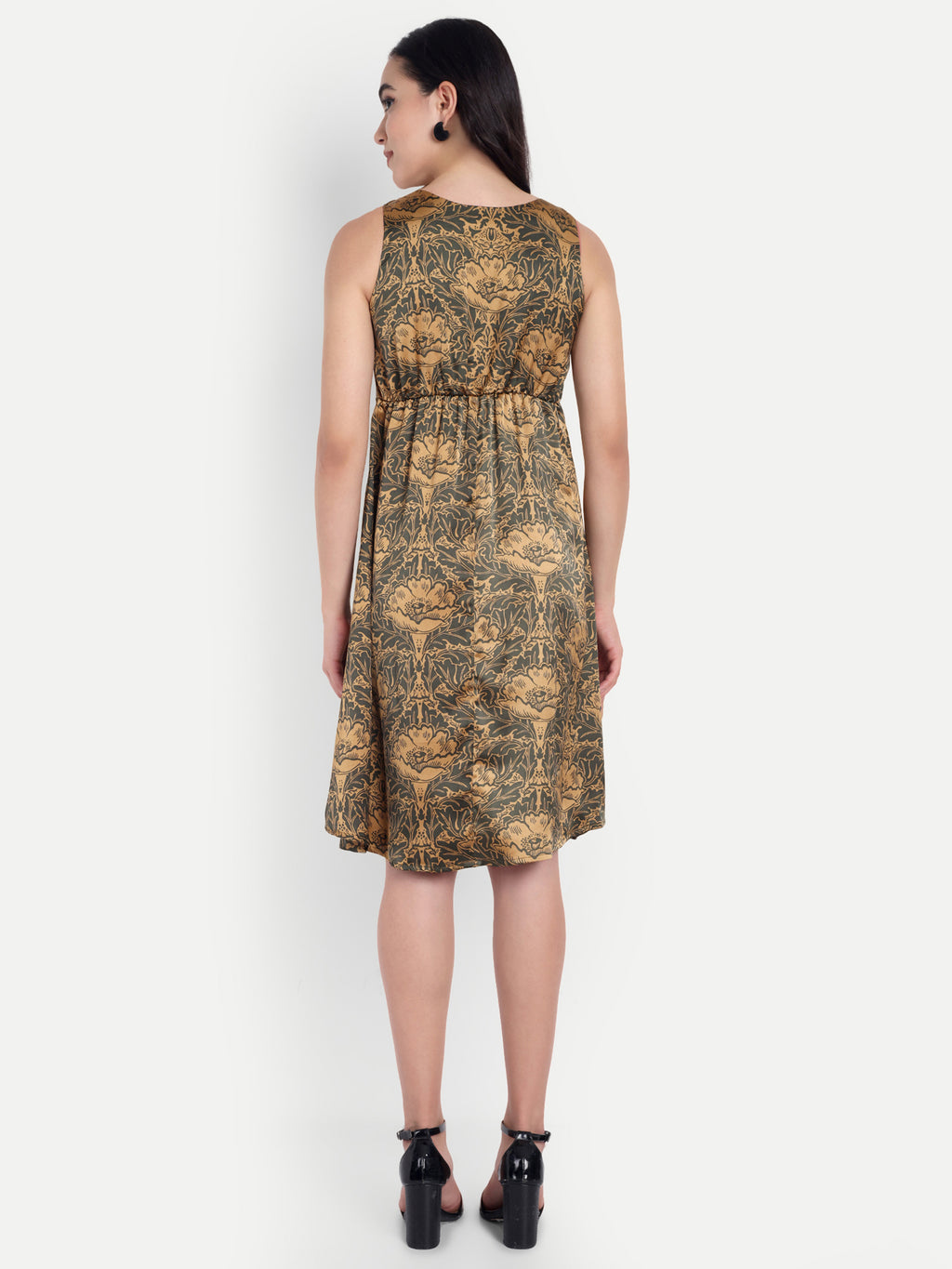 Women's Golden Floral Sleeveless A-Line Mini Dress | Elegant Textured Party Wear