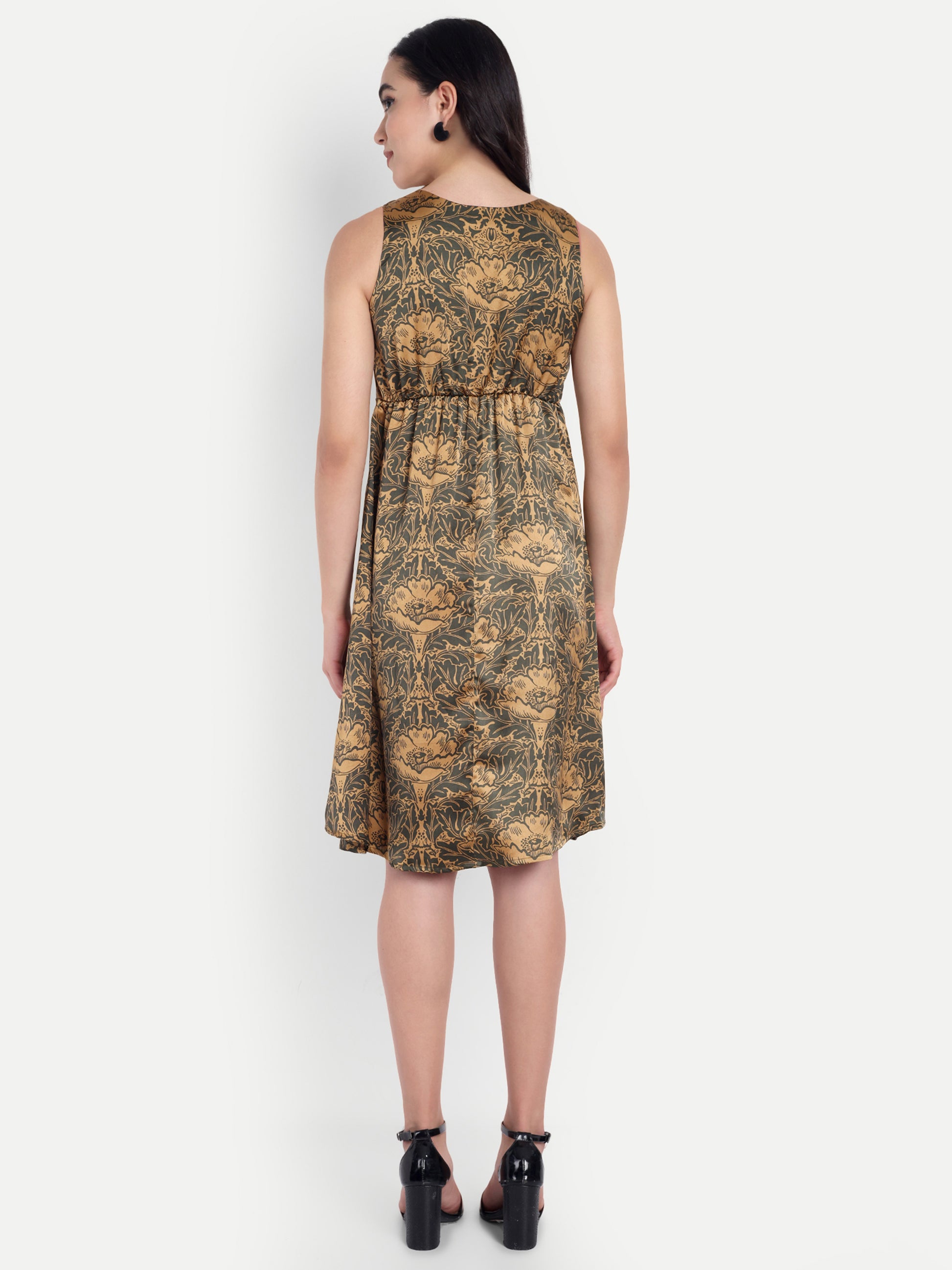 Women's Golden Floral Sleeveless A-Line Mini Dress | Elegant Textured Party Wear