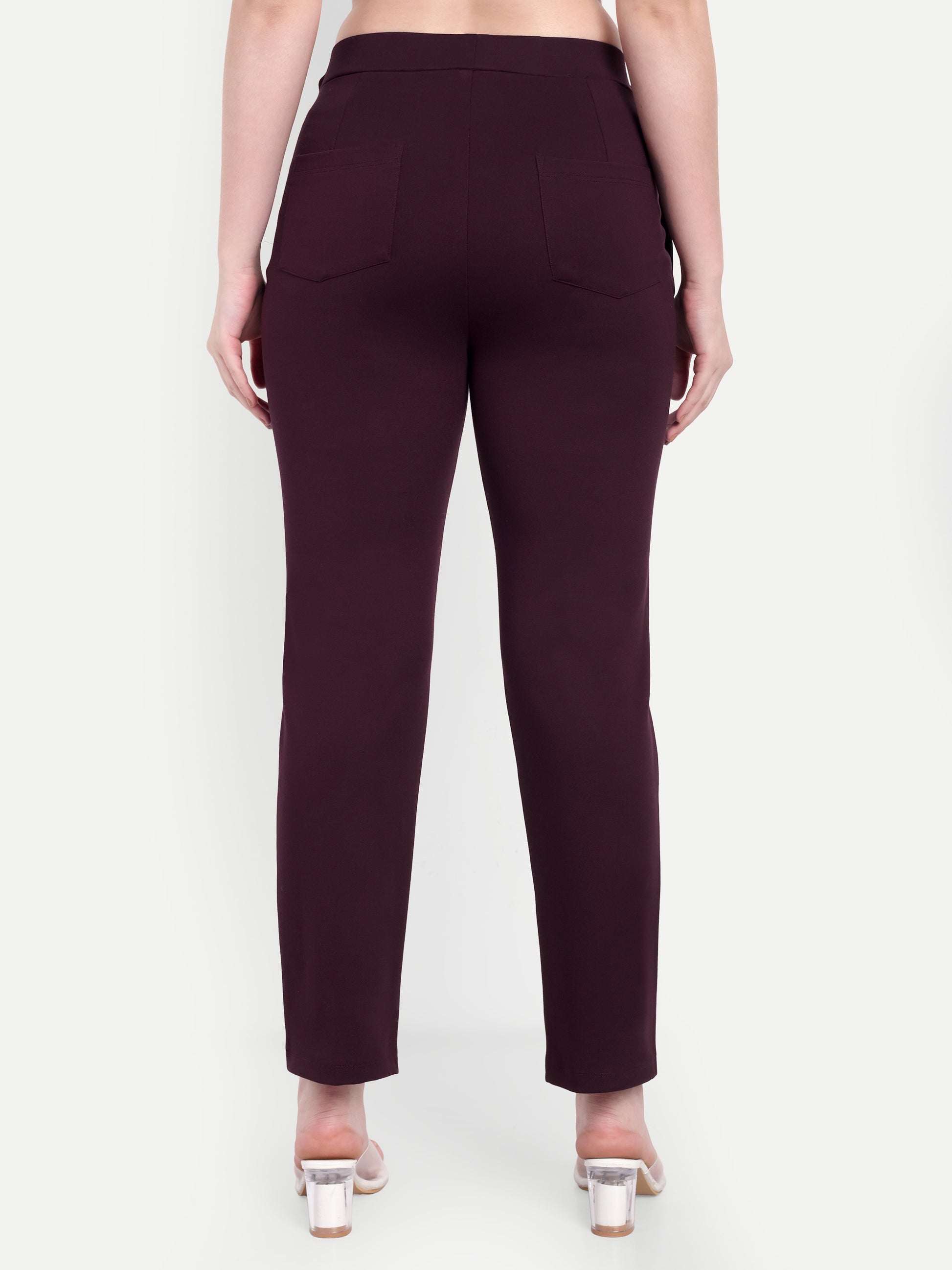 Women's Maroon Slim-Fit Cigarette Pants – Mid-Rise | Formal & Casual Wear