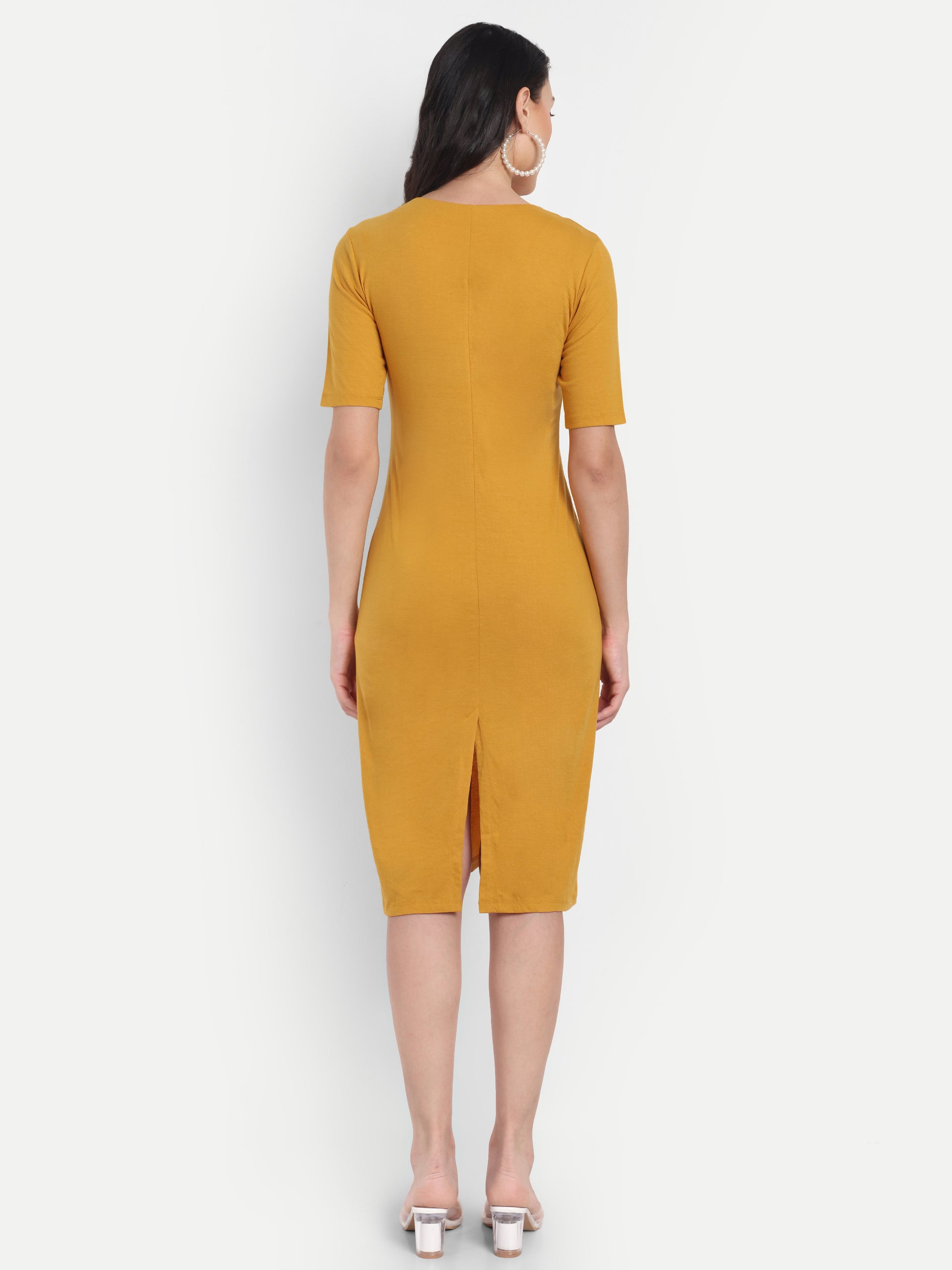 Women's Mustard Yellow Bodycon Midi Dress | V-Neck | Half Sleeve | Casual & Office Wear
