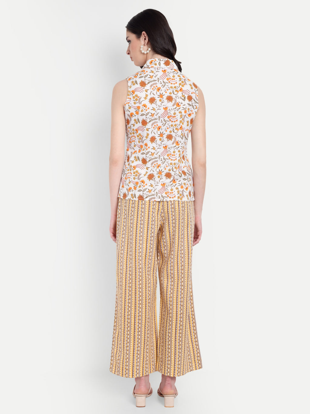 Women's Yellow Floral Sleeveless Shirt with Pink Printed Wide-Leg Pants | Comfortable Summer Co-ord Sets