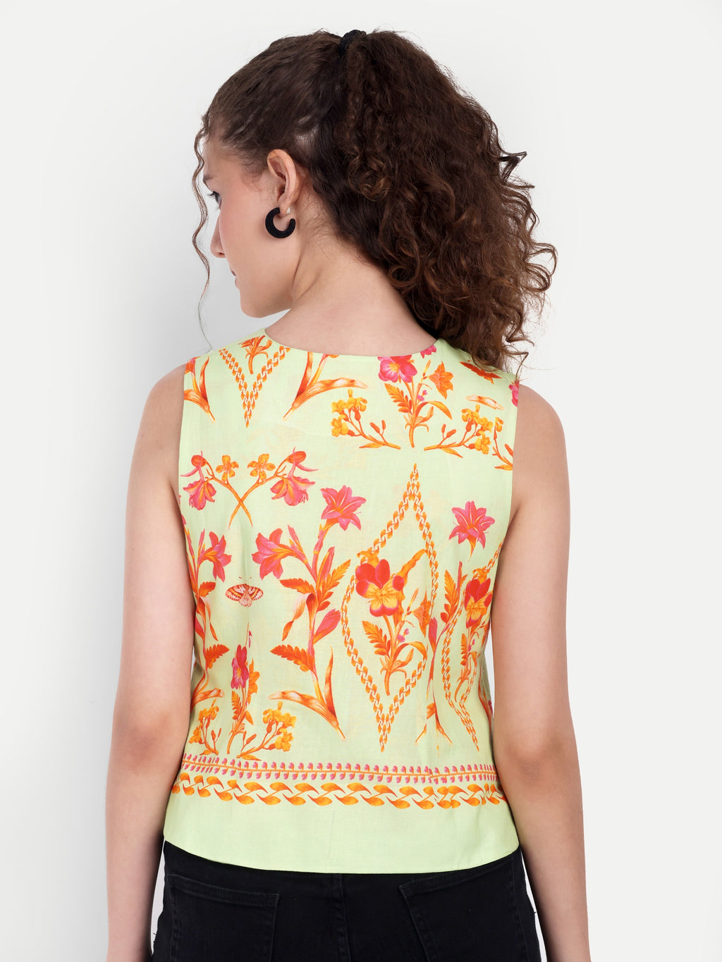 FairLeaf Women's V-Neck Sleeveless Waist Top – |100% Pure Cotton|Lightweight Relaxed Fit with Abstract Paisley Print – Stylish Casual Summer Western Wear for Women