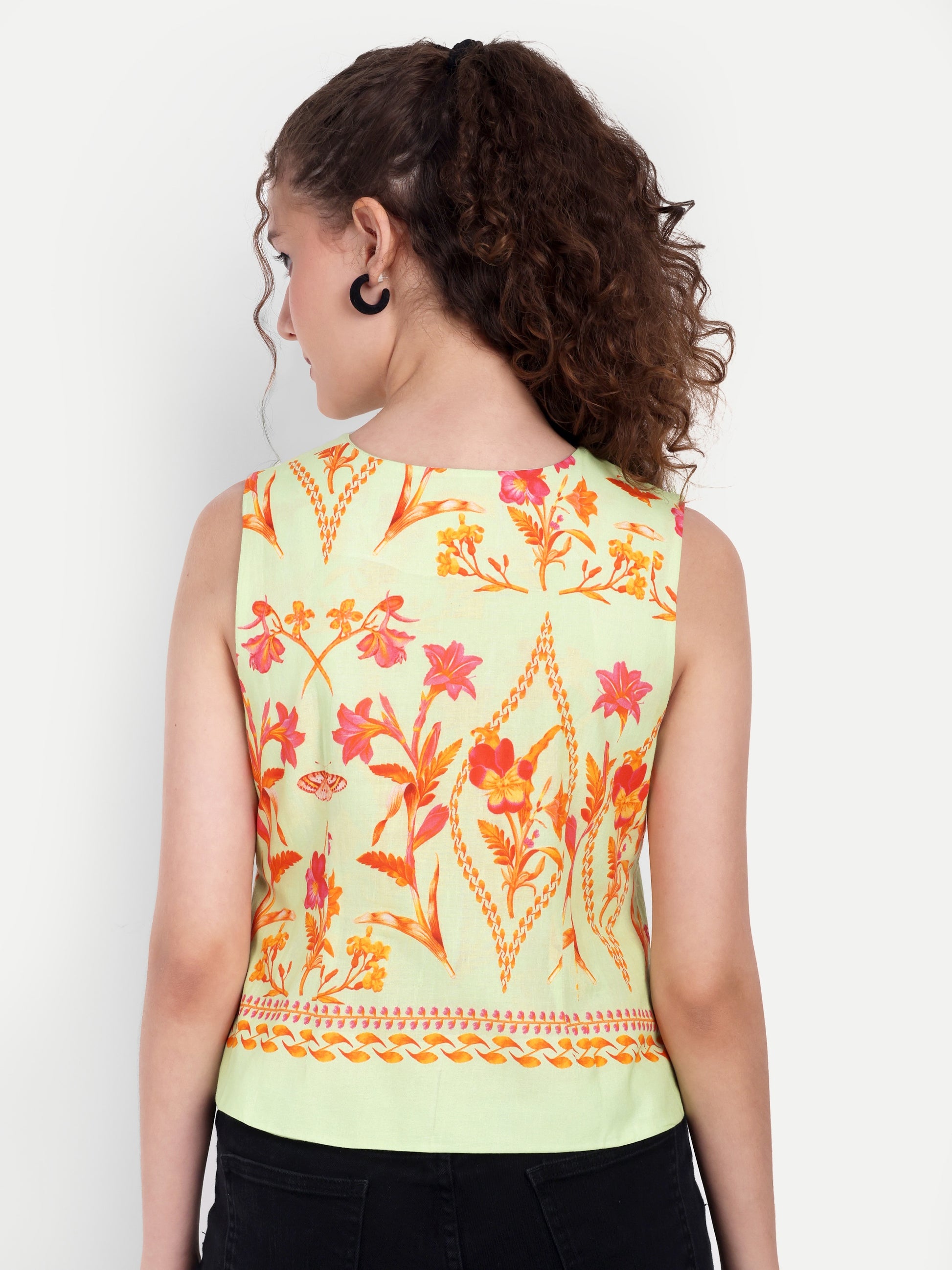 FairLeaf Women's V-Neck Sleeveless Waist Top – |100% Pure Cotton|Lightweight Relaxed Fit with Abstract Paisley Print – Stylish Casual Summer Western Wear for Women