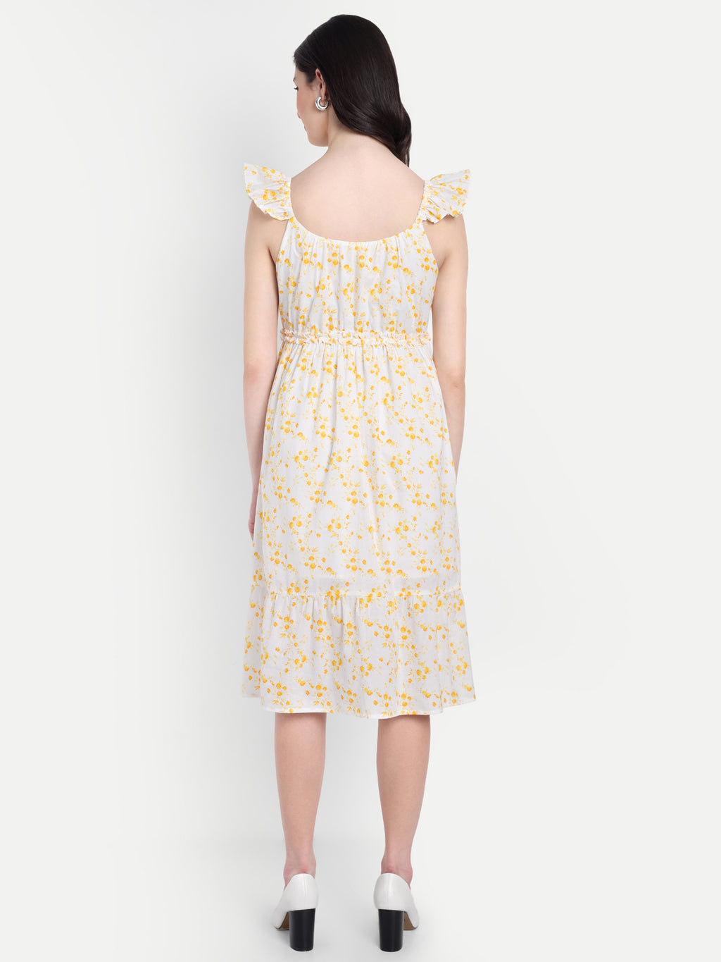 Women's Yellow Floral Midi Dress | Sleeveless Ruffle Straps | Elegant Casual & Summer Wear