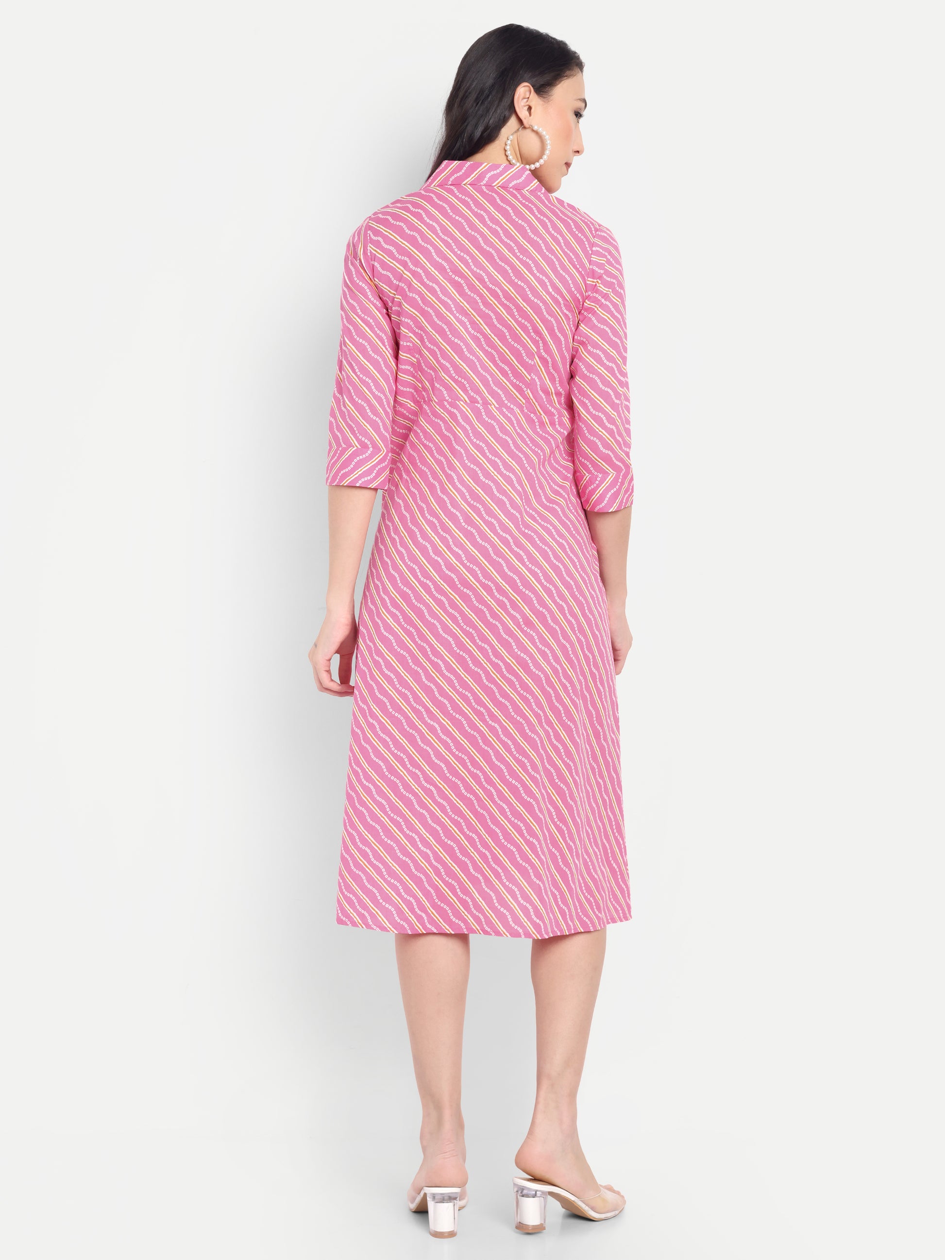 Women's Pink Striped Knee-Length Dress | Front Knot Detail | Casual & Party Wear