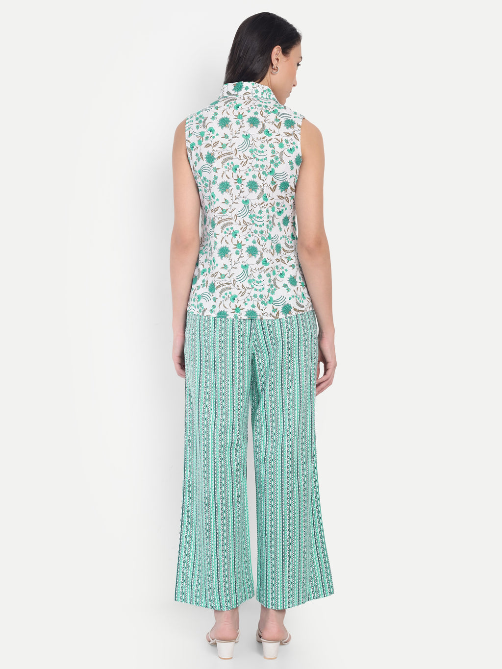 Women's White & Green Floral Sleeveless Shirt with Pink Printed Wide-Leg Pants | Comfortable Summer Co-ord Set