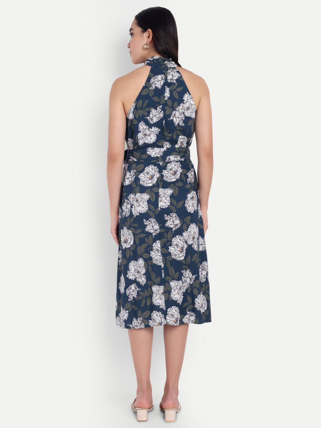 Women's Black & White Floral Halter Neck Midi Dress | Belted Waist | Resort & Summer Wear