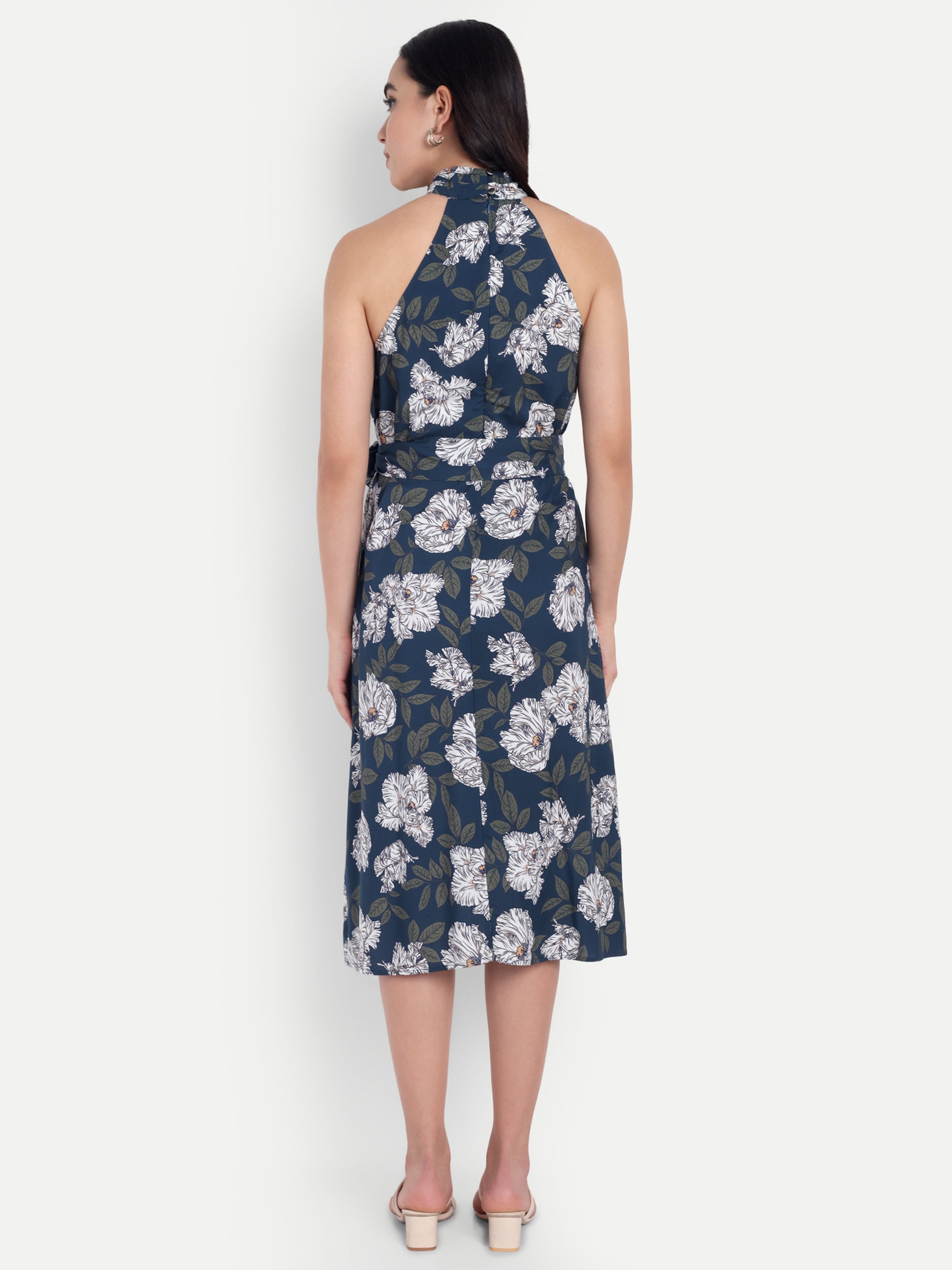 Women's Black & White Floral Halter Neck Midi Dress | Belted Waist | Resort & Summer Wear