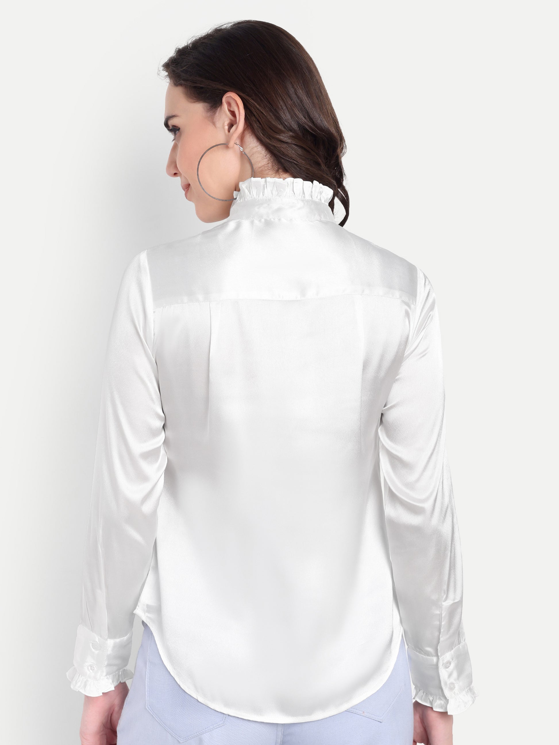 Women's white Ruffle Collar Shirt | Elegant Formal & Casual Top with Long Sleeves