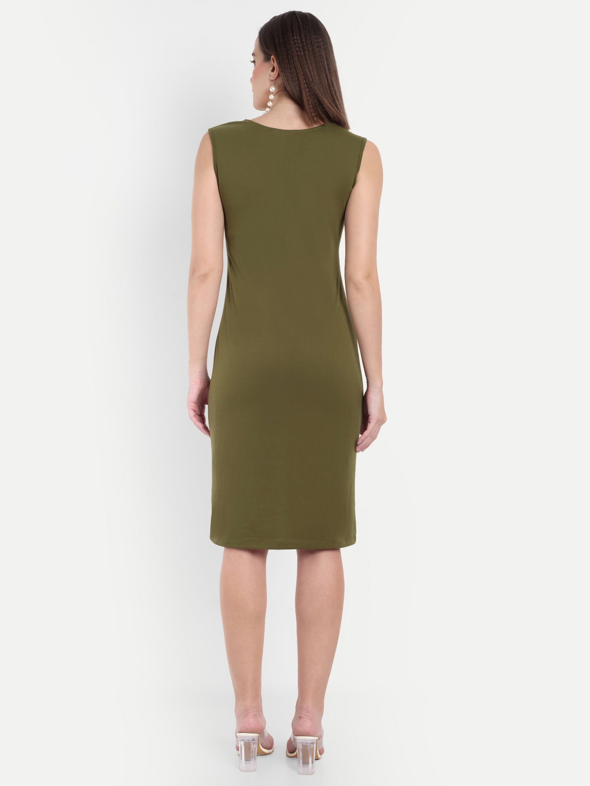 Women's Olive Sleeveless Bodycon Midi Dress | Square Neck | Casual & Party Wear