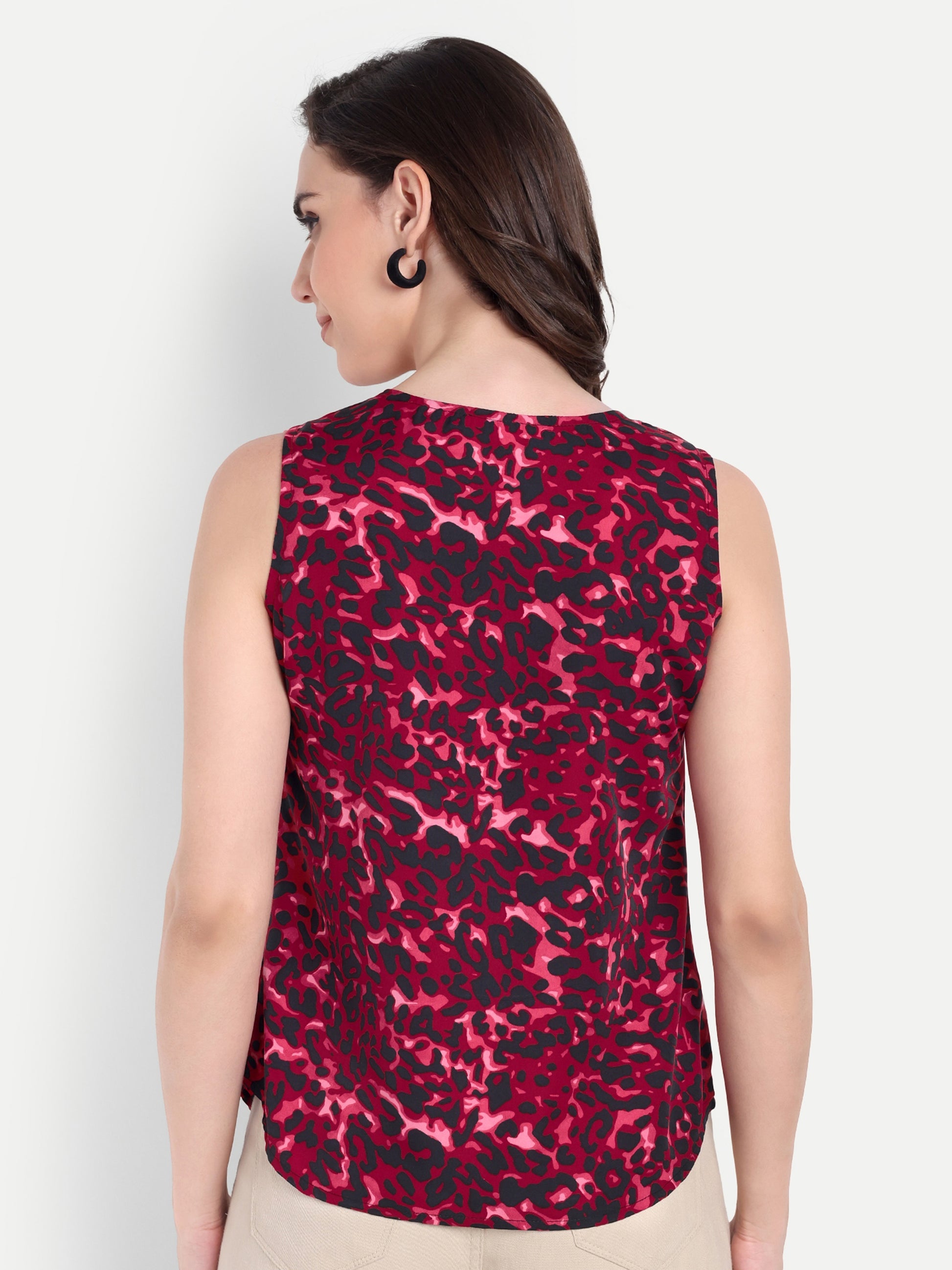 Women's Red Sleeveless Top | Subtle Pattern | Elegant Round Neck for Casual & Office Wear