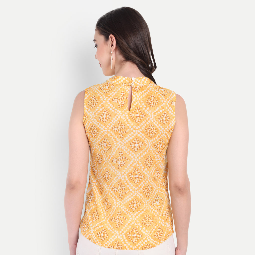 Women's Yellow Printed Sleeveless Top | High Neck | Lightweight & Stylish Summer Wear