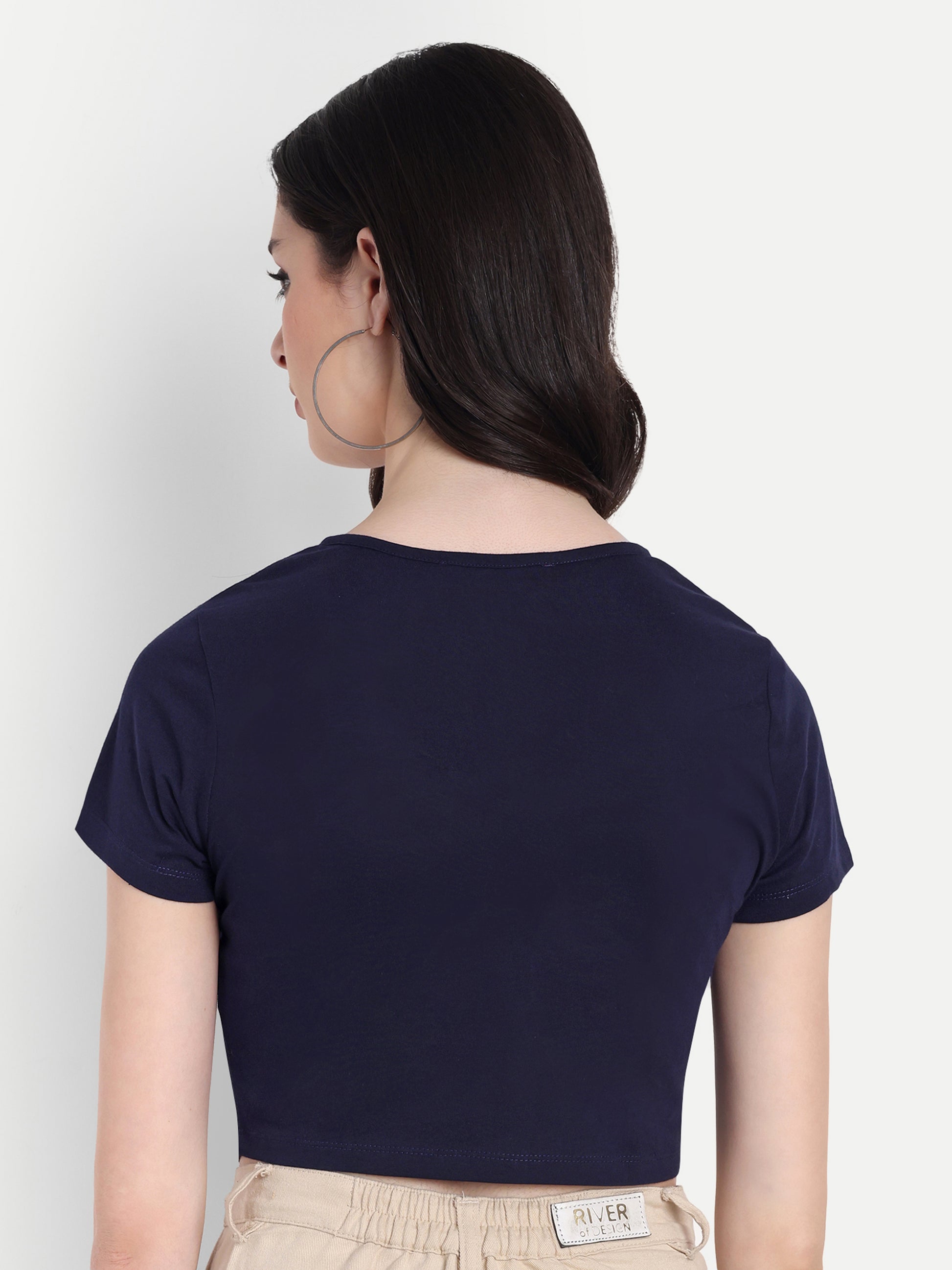 Women's Black Blue Crop Top with Scoop Neck & Short Sleeves