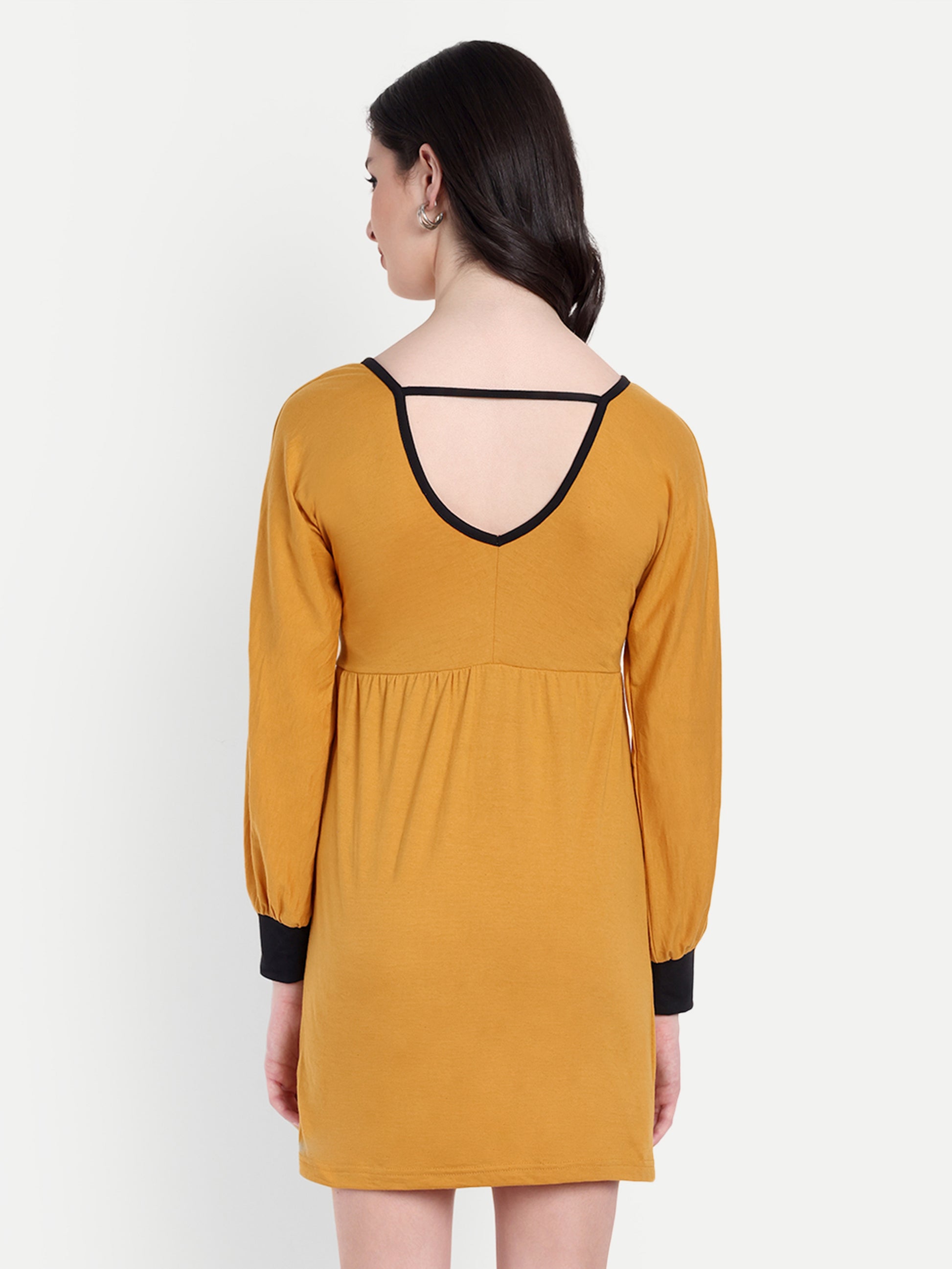 Women's Yellow Bodycon Mini Dress | V-Neck | Long Sleeve | Casual & Party Wear