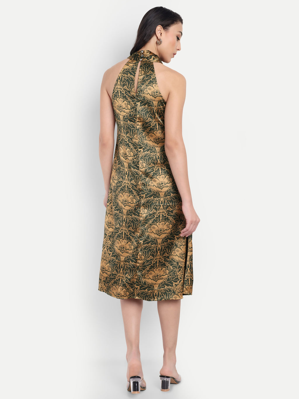 Women's Green & Gold Floral Halter Neck Midi Dress | Elegant Sleeveless Party Wear