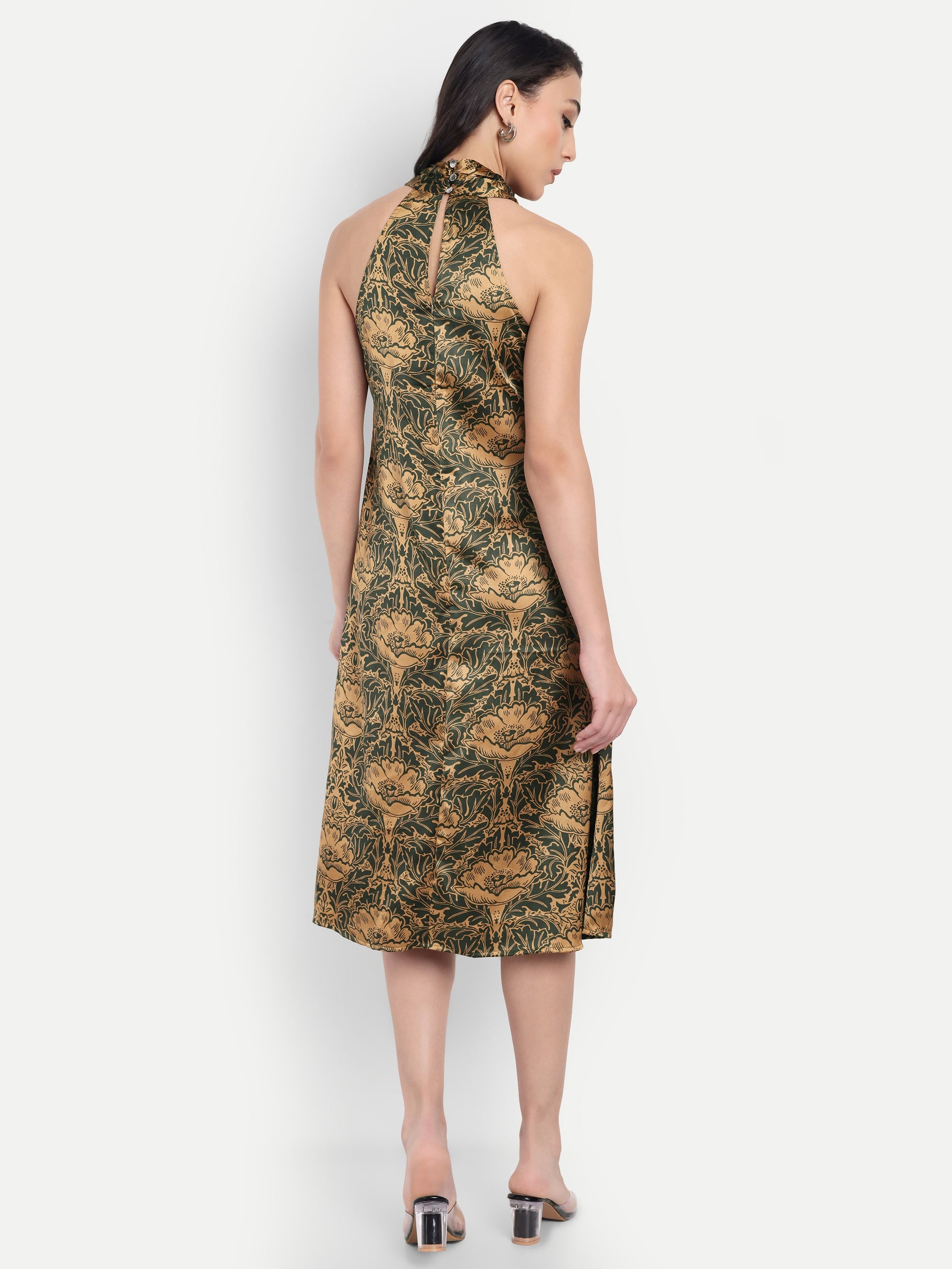 Women's Green & Gold Floral Halter Neck Midi Dress | Elegant Sleeveless Party Wear