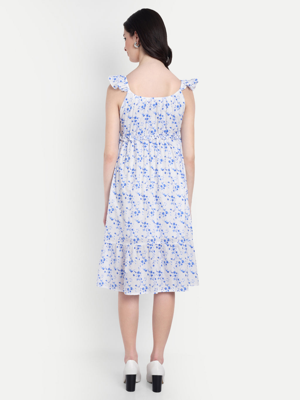 Women's Blue Floral Midi Dress | Sleeveless Ruffle Straps | Elegant Casual & Summer Wear