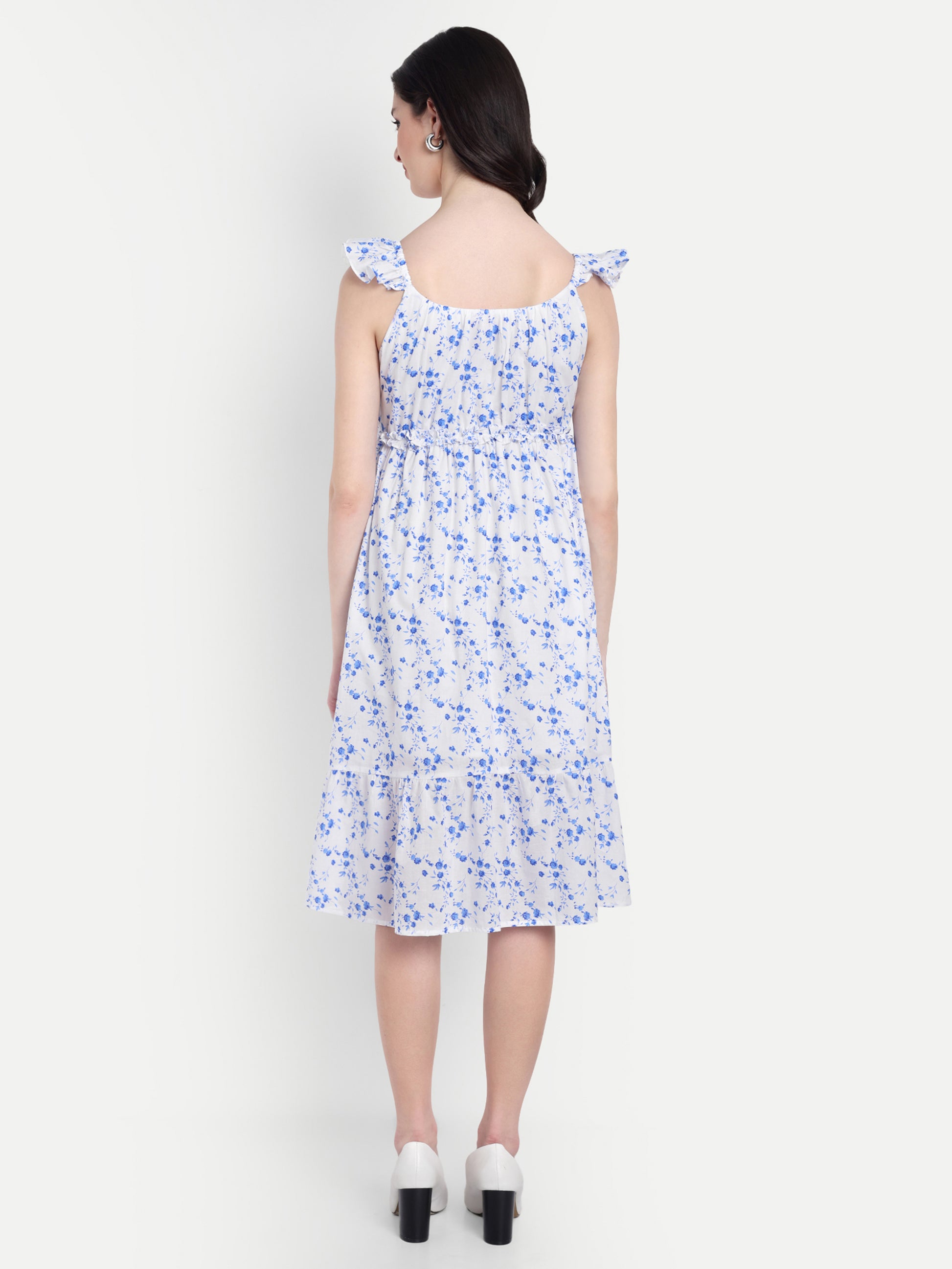 Women's Blue Floral Midi Dress | Sleeveless Ruffle Straps | Elegant Casual & Summer Wear