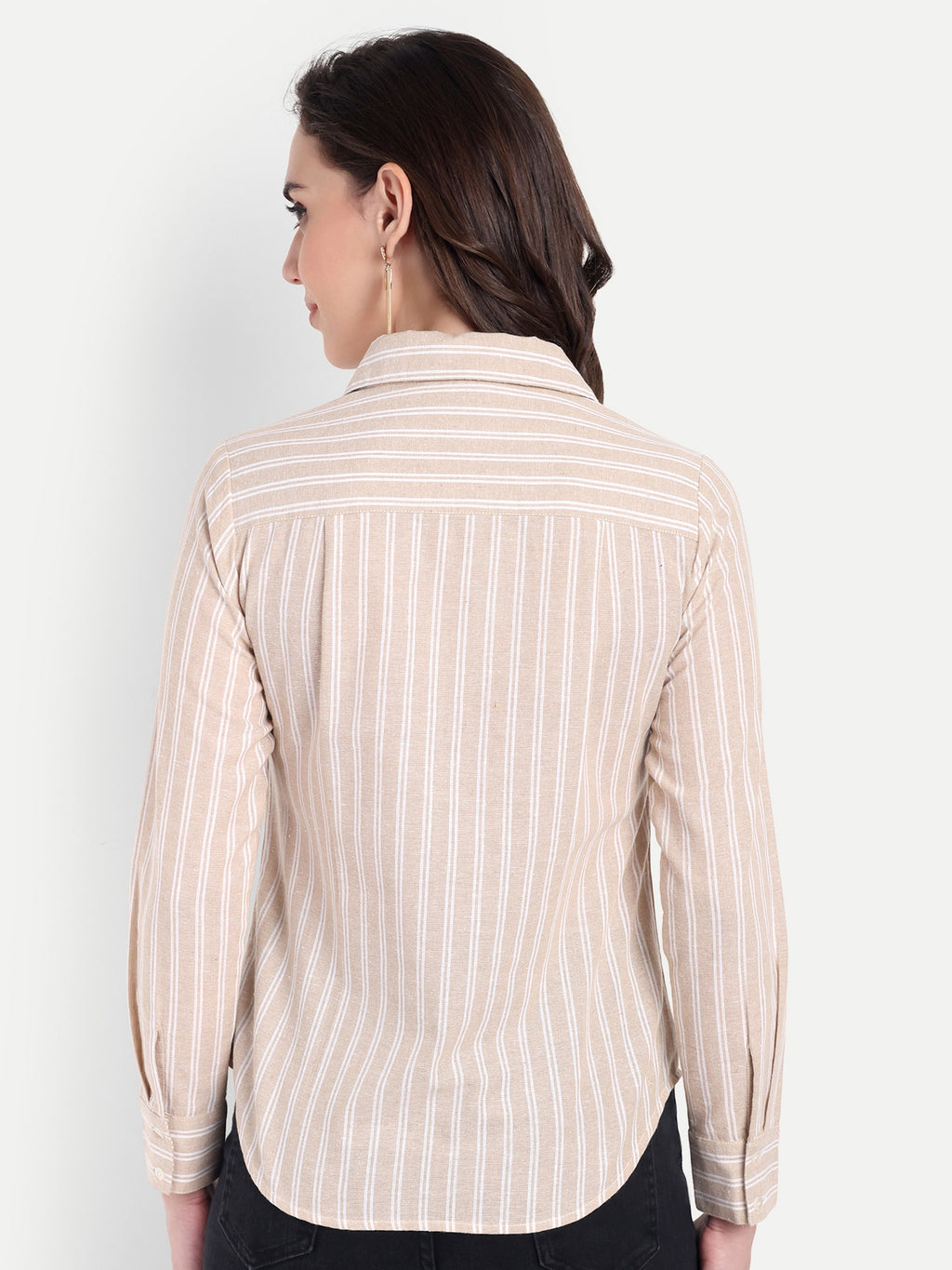 Women's Beige & White Striped Button-Down Shirt – Long Sleeve | Casual & Office Wear