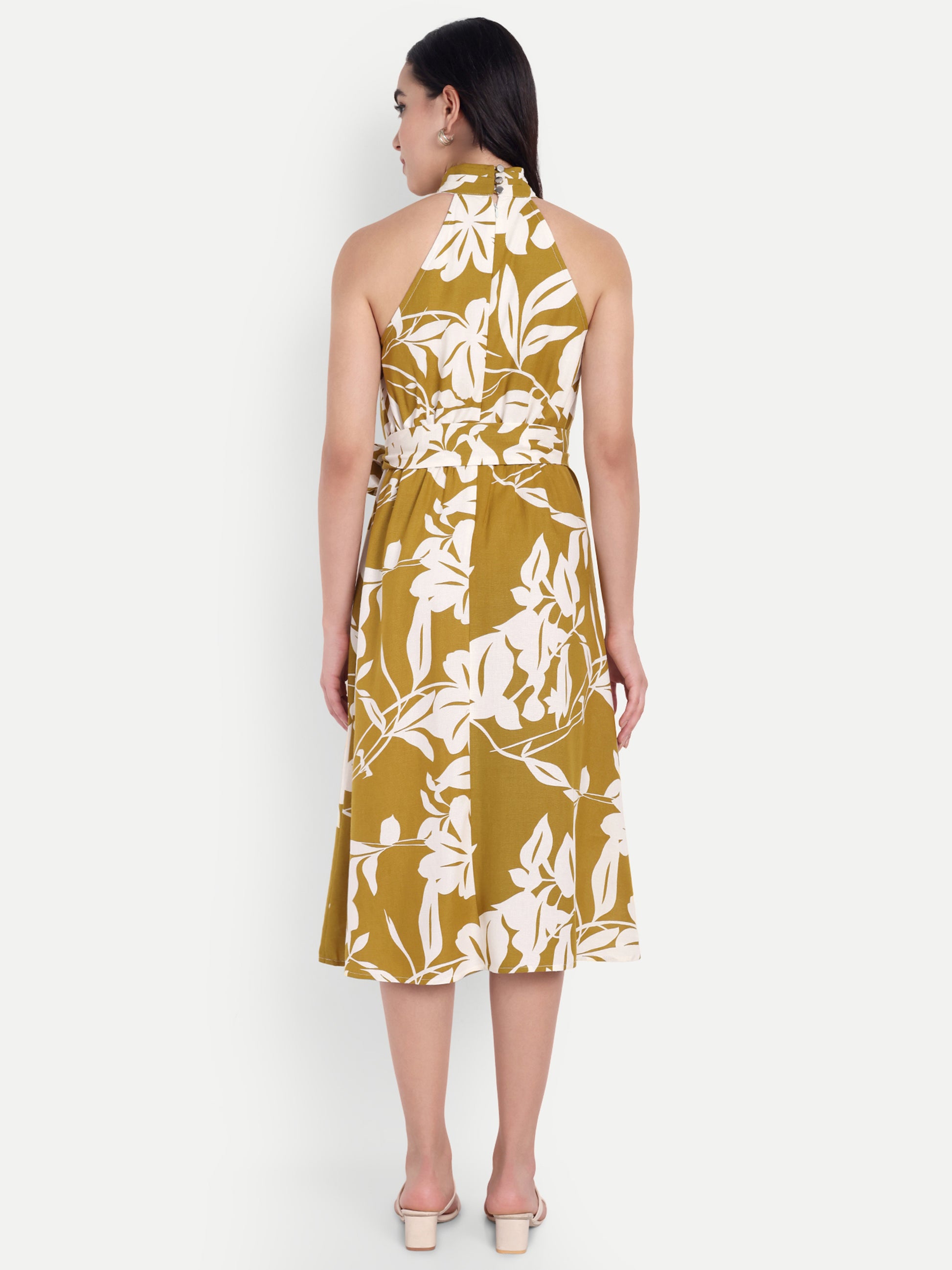 Women's Mustard Yellow & White Floral Halter Neck Midi Dress | Belted Waist | Resort & Summer Wear