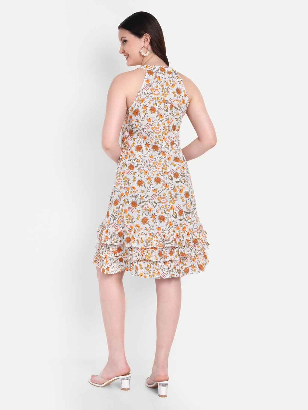 Women's orange Floral Sleeveless Halter Neck Dress | Tiered Hem | Summer Casual & Party Wear