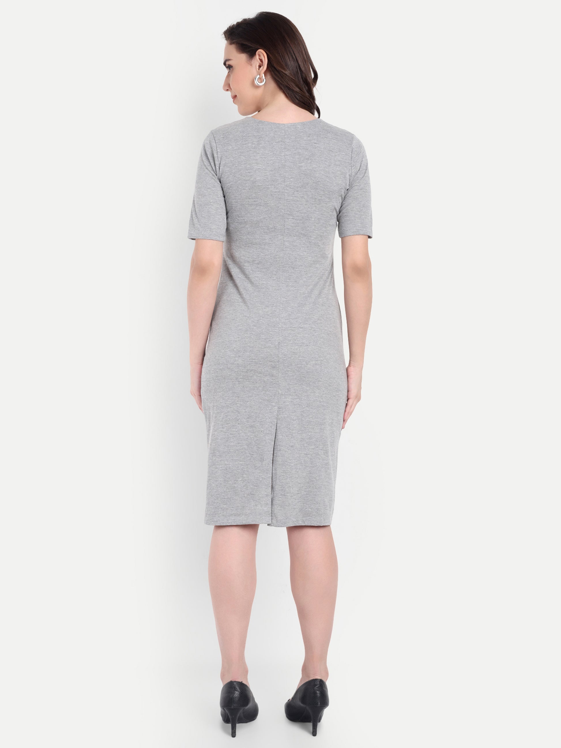 Women's Light Grey Bodycon Midi Dress | V-Neck | Half Sleeve | Casual & Office Wear