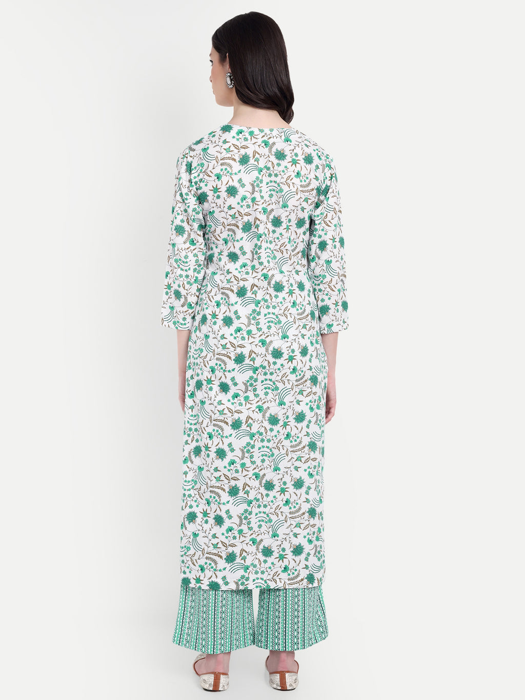 Women's White & Green Floral Printed Kurta with Straight Pants | Cotton Blend | Ethnic Wear