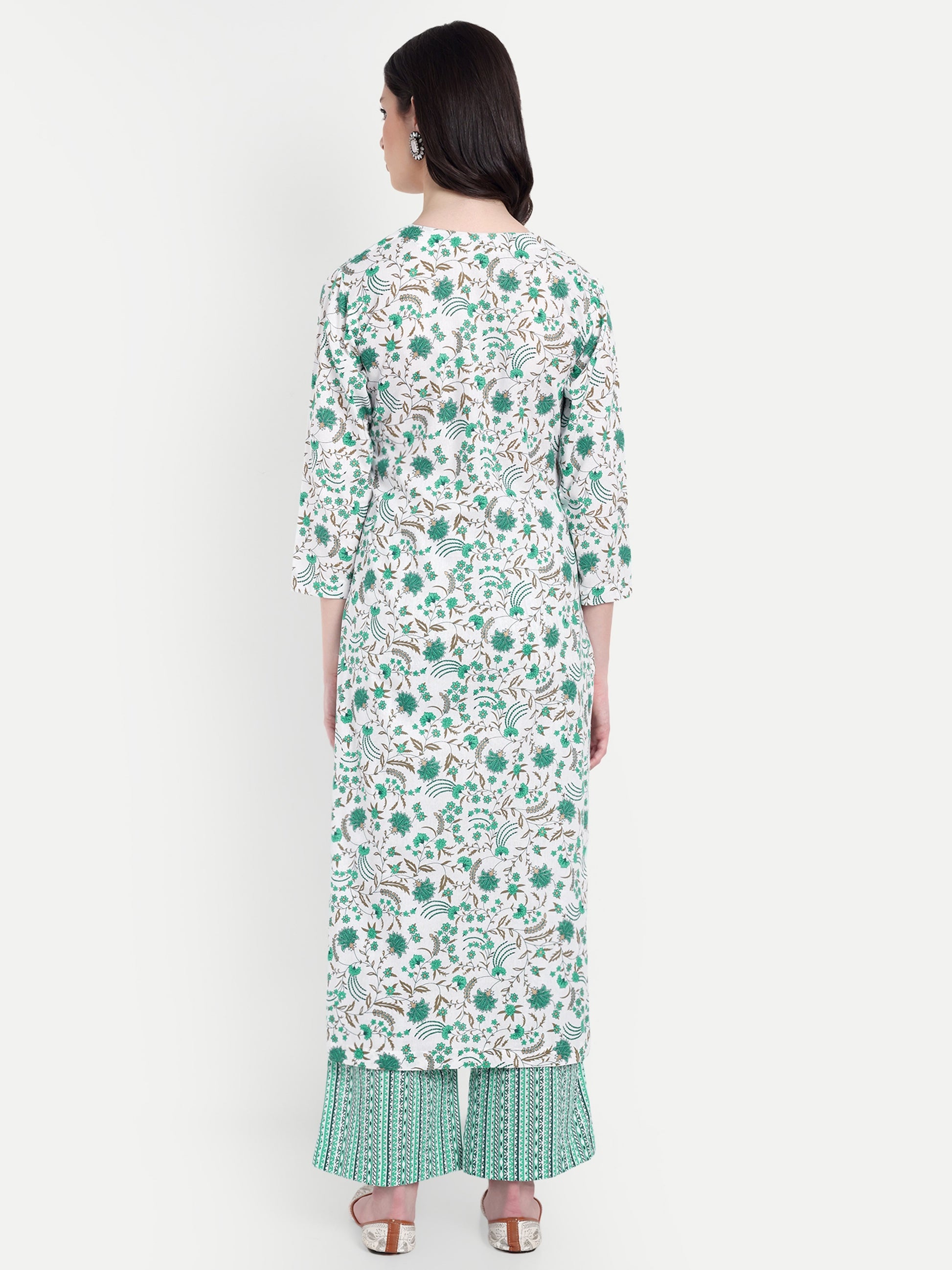 Women's White & Green Floral Printed Kurta with Straight Pants | Cotton Blend | Ethnic Wear