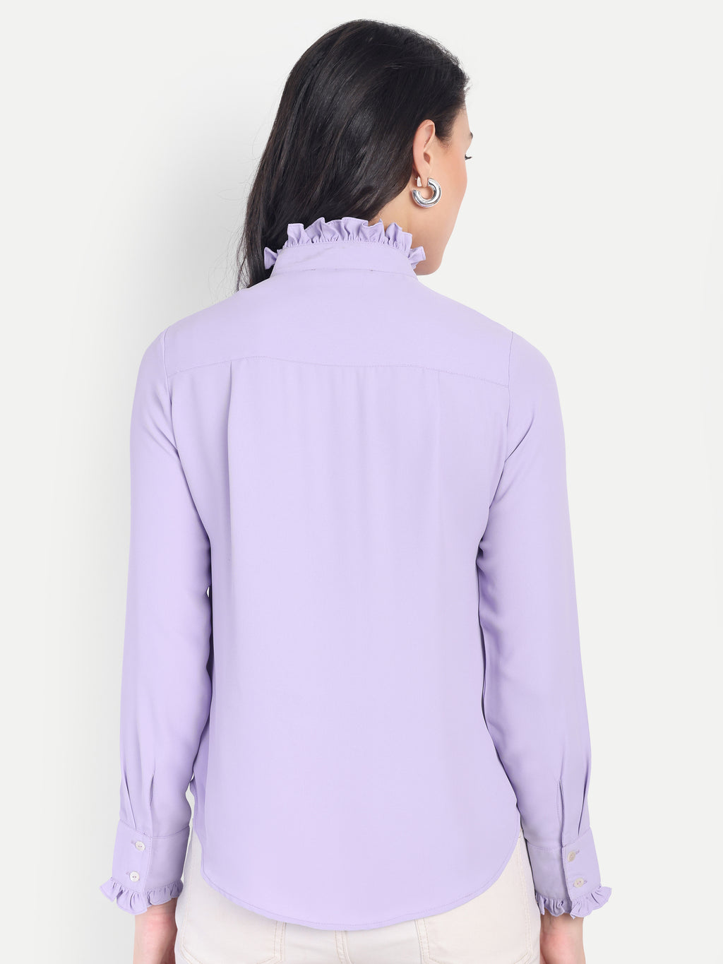 Women's Lavender Ruffle Collar Shirt | Elegant Formal & Casual Top with Long Sleeves