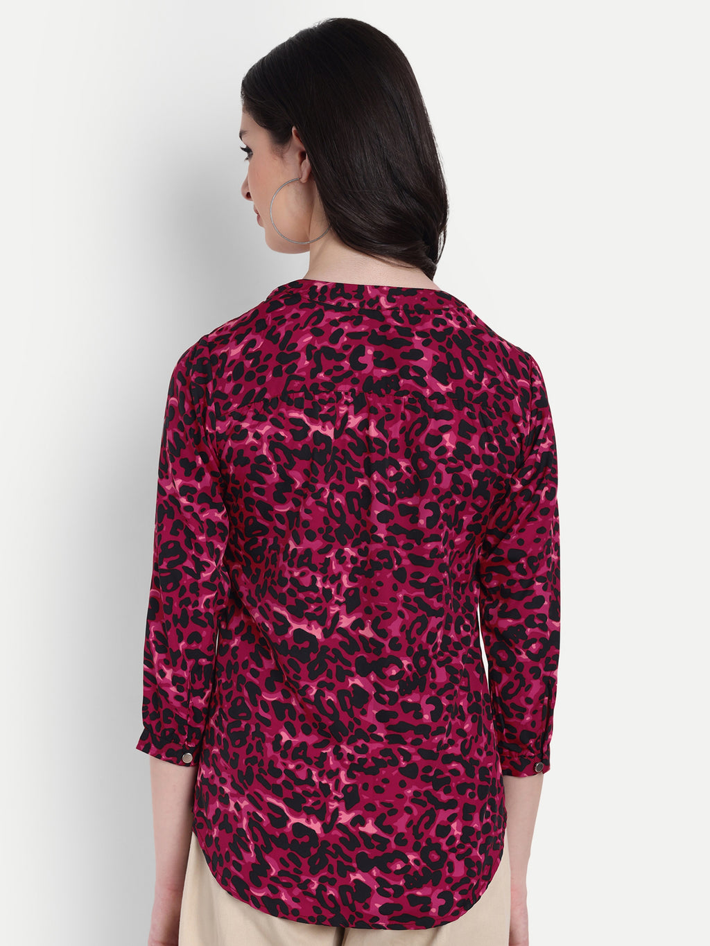 Women's Magenta & Black Animal Print V-Neck Top | 3/4 Sleeves | Stylish Casual & Party Wear