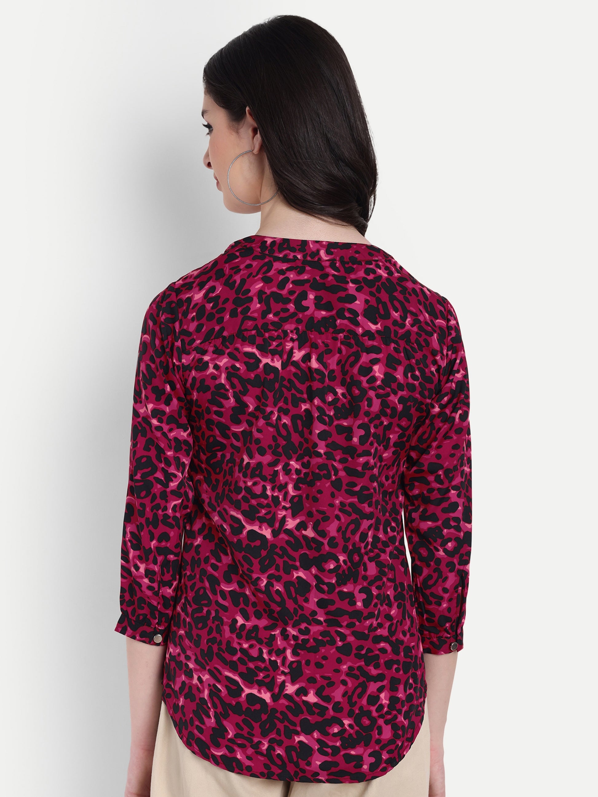 Women's Magenta & Black Animal Print V-Neck Top | 3/4 Sleeves | Stylish Casual & Party Wear