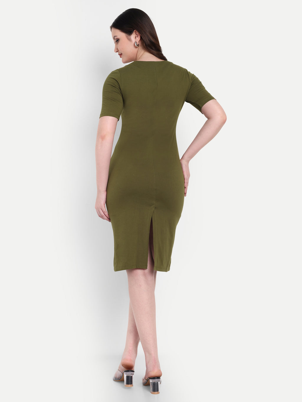 Women's Olive Green Bodycon Midi Dress | V-Neck | Half Sleeve | Casual & Office Wear