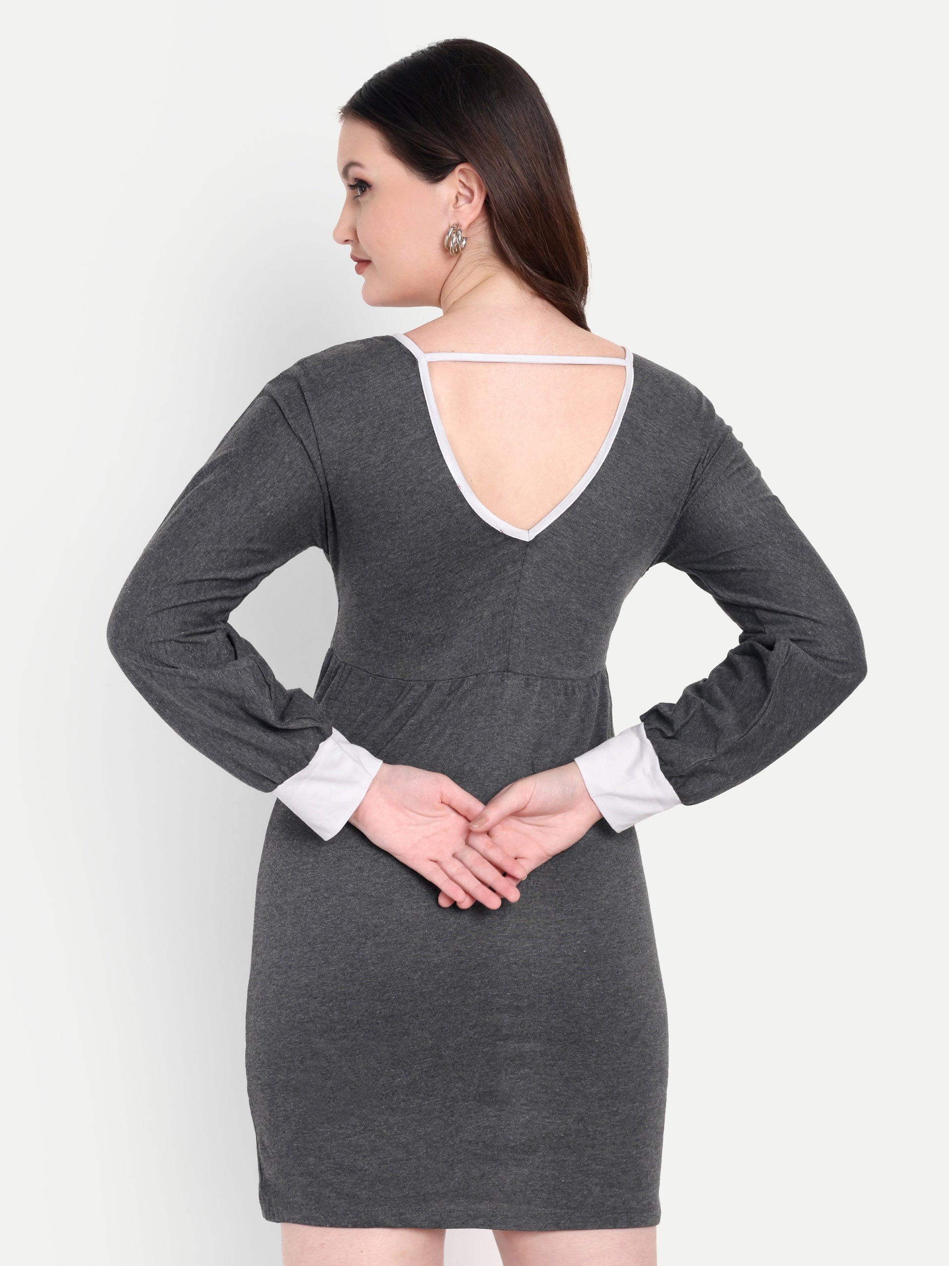 Women's GreyBodycon Mini Dress | V-Neck | Long Sleeve | Casual & Party Wear