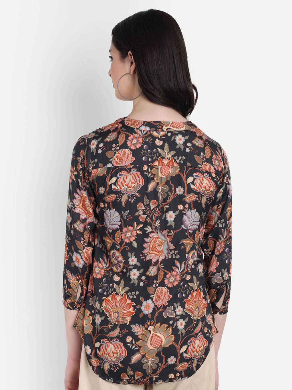 Women's  Black Floral Print V-Neck Top | 3/4 Sleeves | Stylish Casual & Party Wear