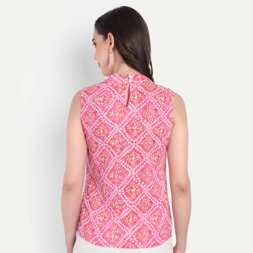 Women's Pink Printed Sleeveless Top | High Neck | Lightweight & Stylish Summer Wear