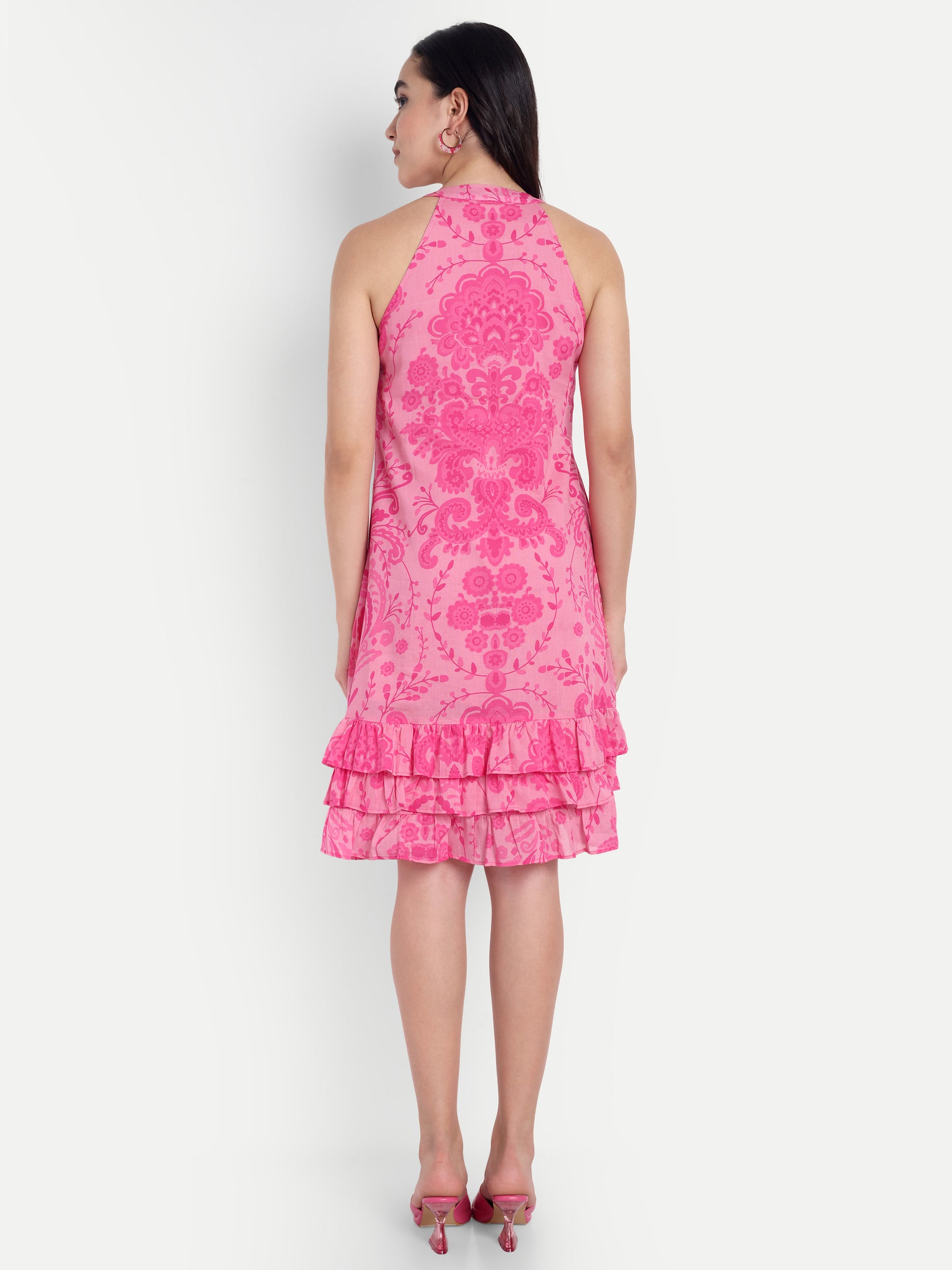 Women's Pink Floral Sleeveless Halter Neck Dress | Tiered Hem | Summer Casual & Party Wear