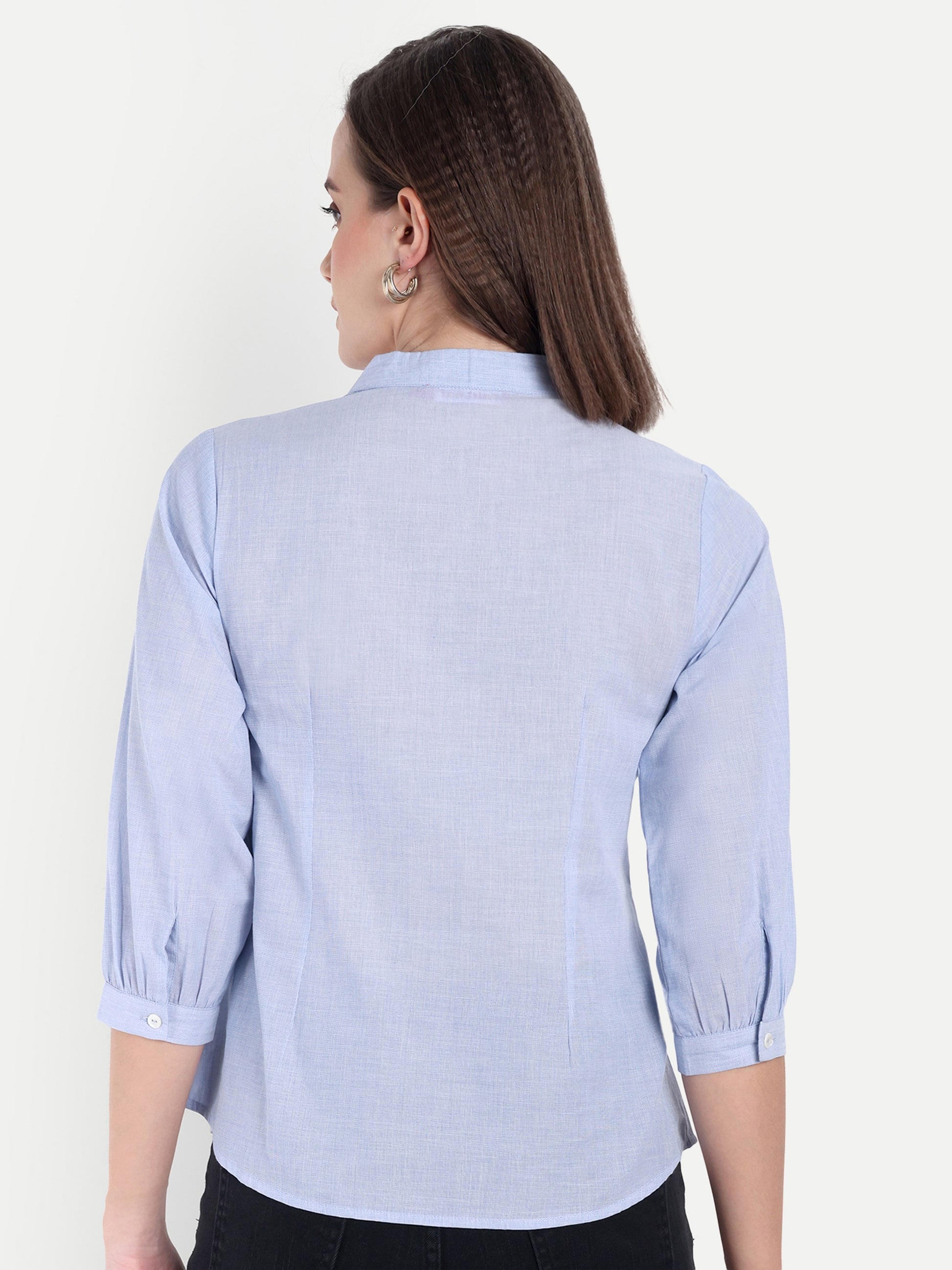 Women's Light Blue V-Neck 3/4 Sleeve Top | Lightweight Cotton Blend | Elegant Everyday Wear