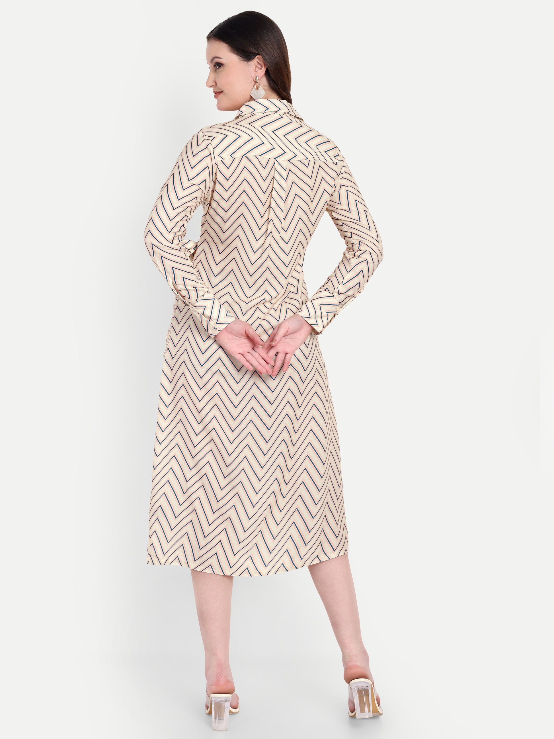Women's Beige Chevron Print Wrap Midi Dress | Long Sleeve | Belt Tie Waist