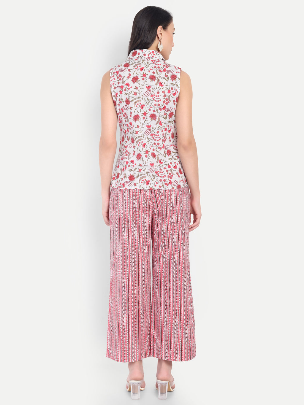 Women's White & Red Floral Sleeveless Shirt with Pink Printed Wide-Leg Pants | Comfortable Summer Co-ord Set