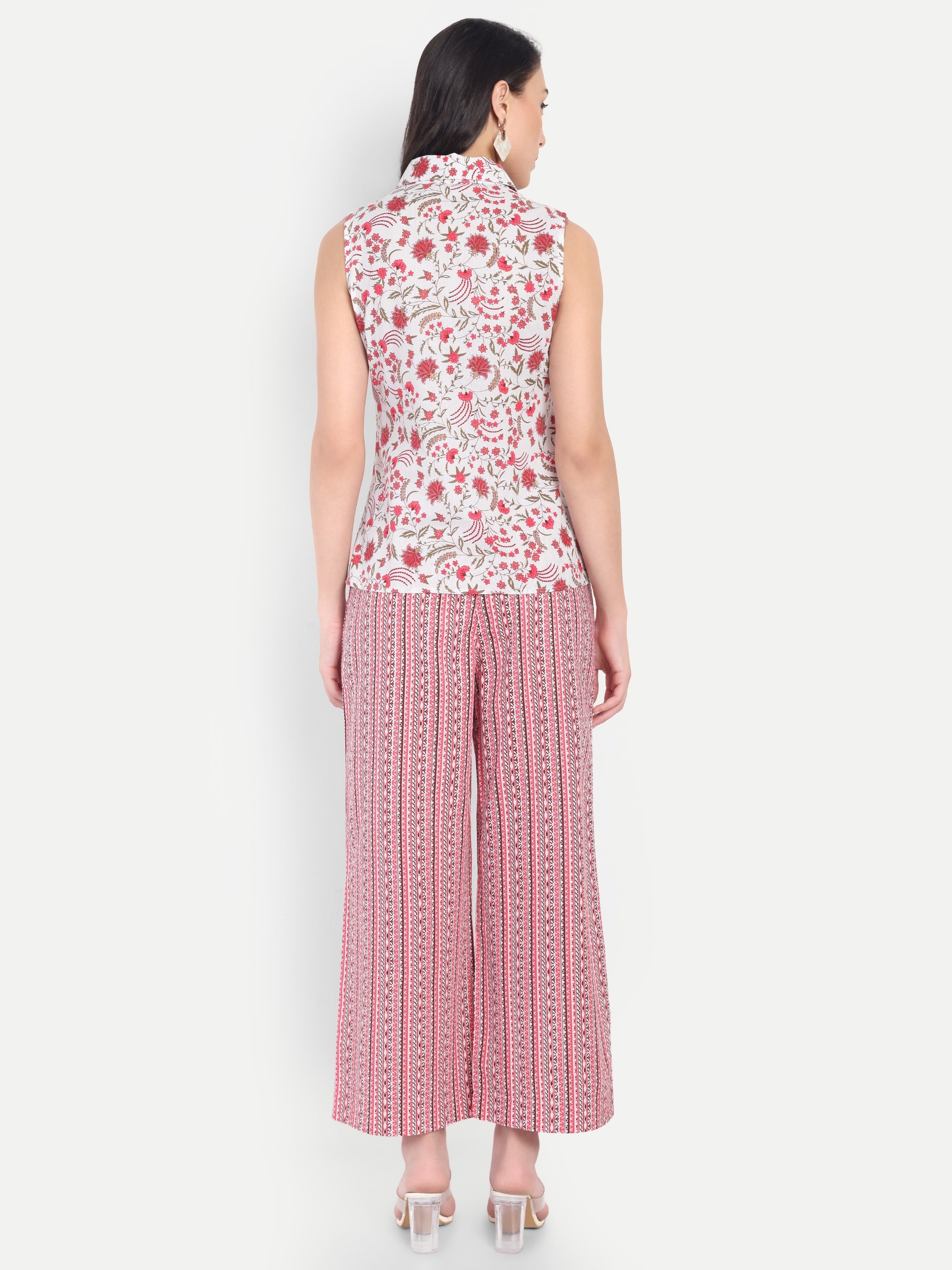 Women's White & Red Floral Sleeveless Shirt with Pink Printed Wide-Leg Pants | Comfortable Summer Co-ord Set