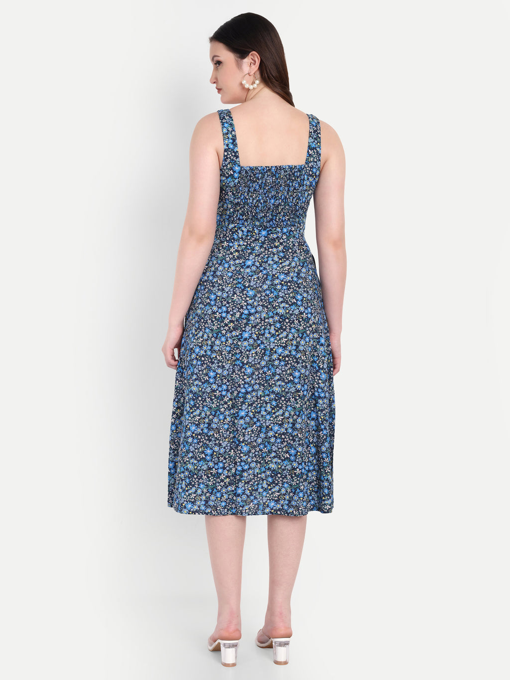 Women's Blue Floral Midi Dress with Square Neck & Side Pockets | Summer Casual Wear