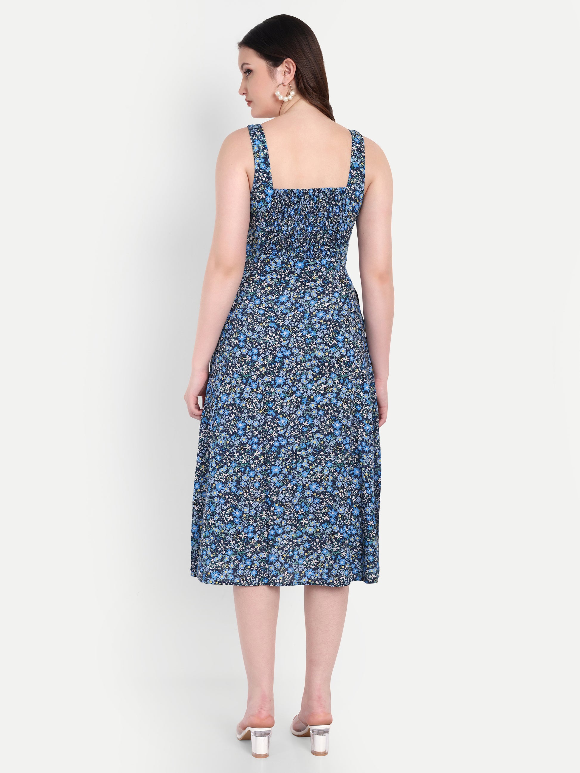 Women's Blue Floral Midi Dress with Square Neck & Side Pockets | Summer Casual Wear