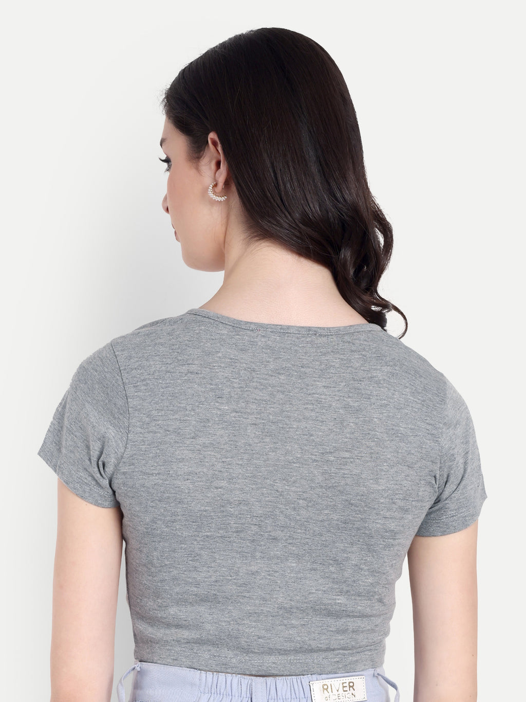 Women's Grey Crop Top with Scoop Neck & Short Sleeves